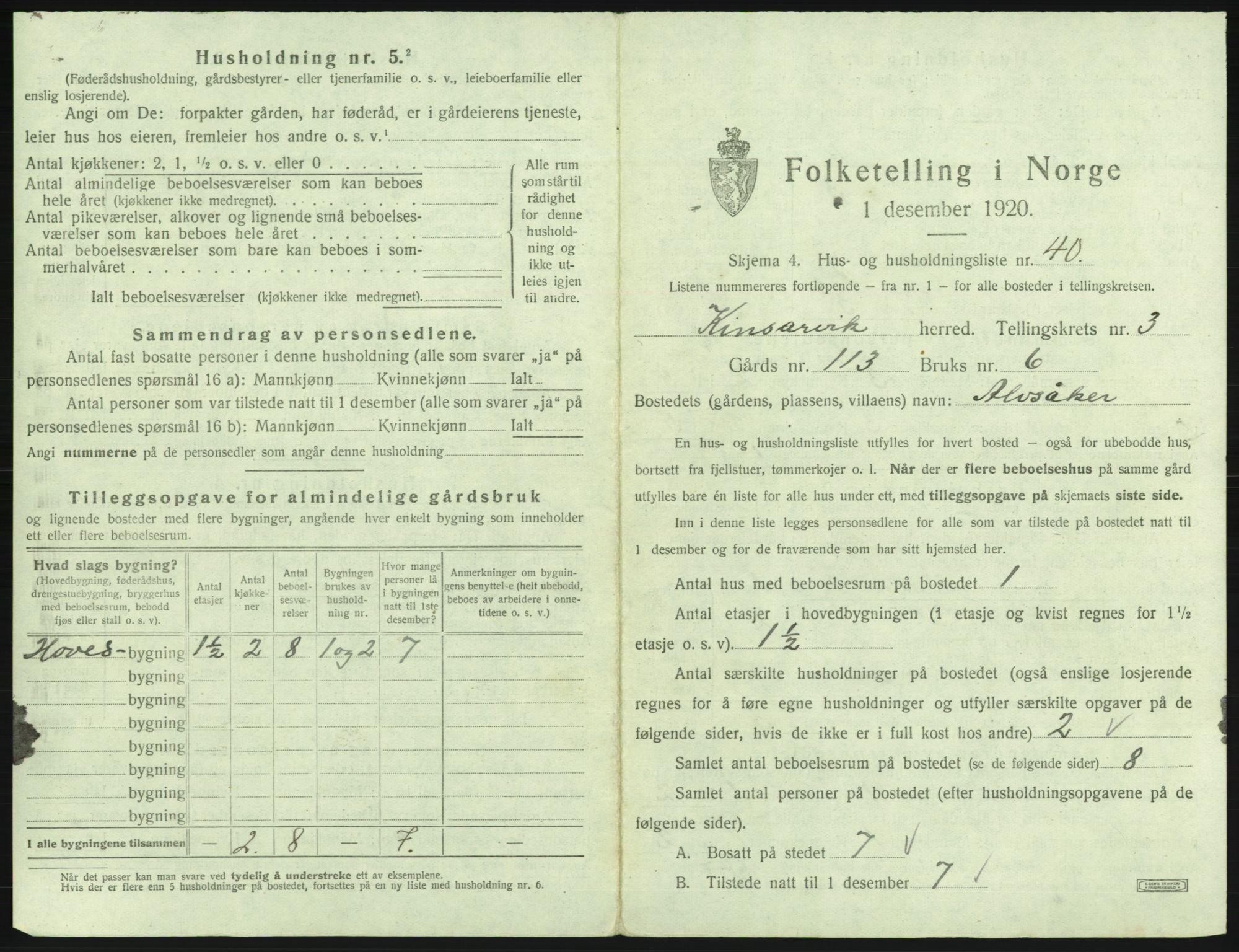 SAB, 1920 census for Kinsarvik, 1920, p. 299