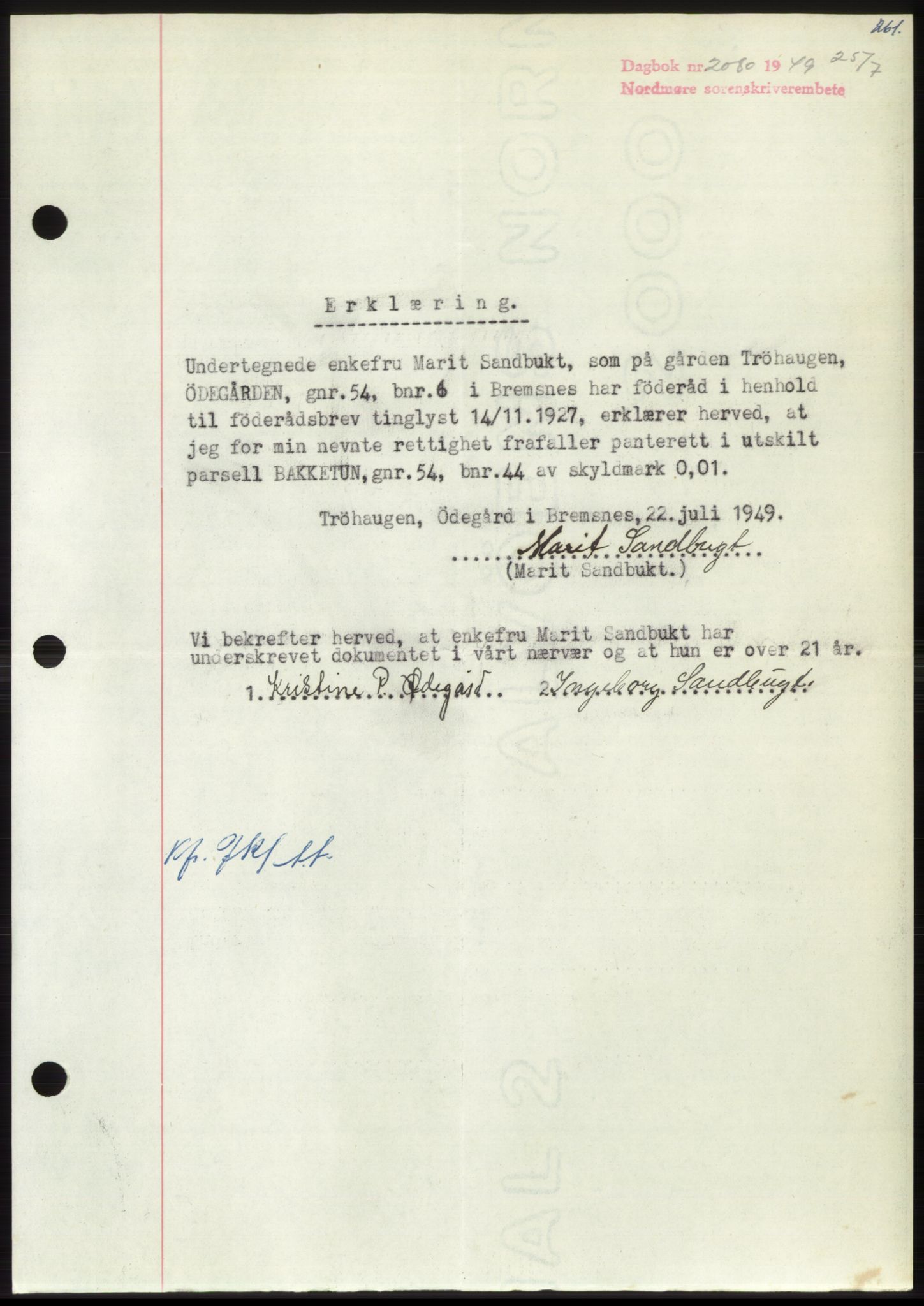 Nordmøre sorenskriveri, AV/SAT-A-4132/1/2/2Ca: Mortgage book no. B102, 1949-1949, Diary no: : 2080/1949