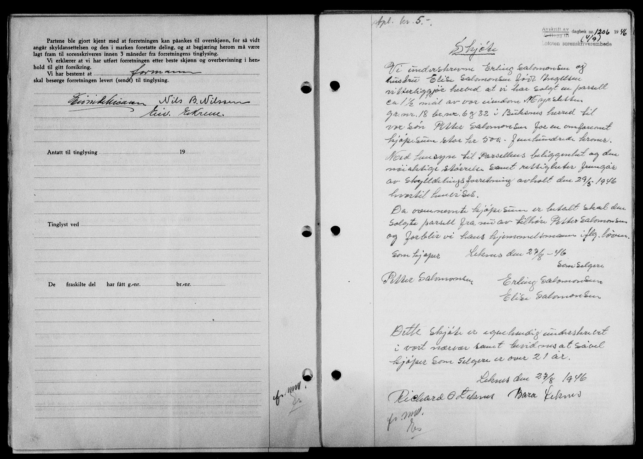 Lofoten sorenskriveri, SAT/A-0017/1/2/2C/L0014a: Mortgage book no. 14a, 1946-1946, Diary no: : 1206/1946