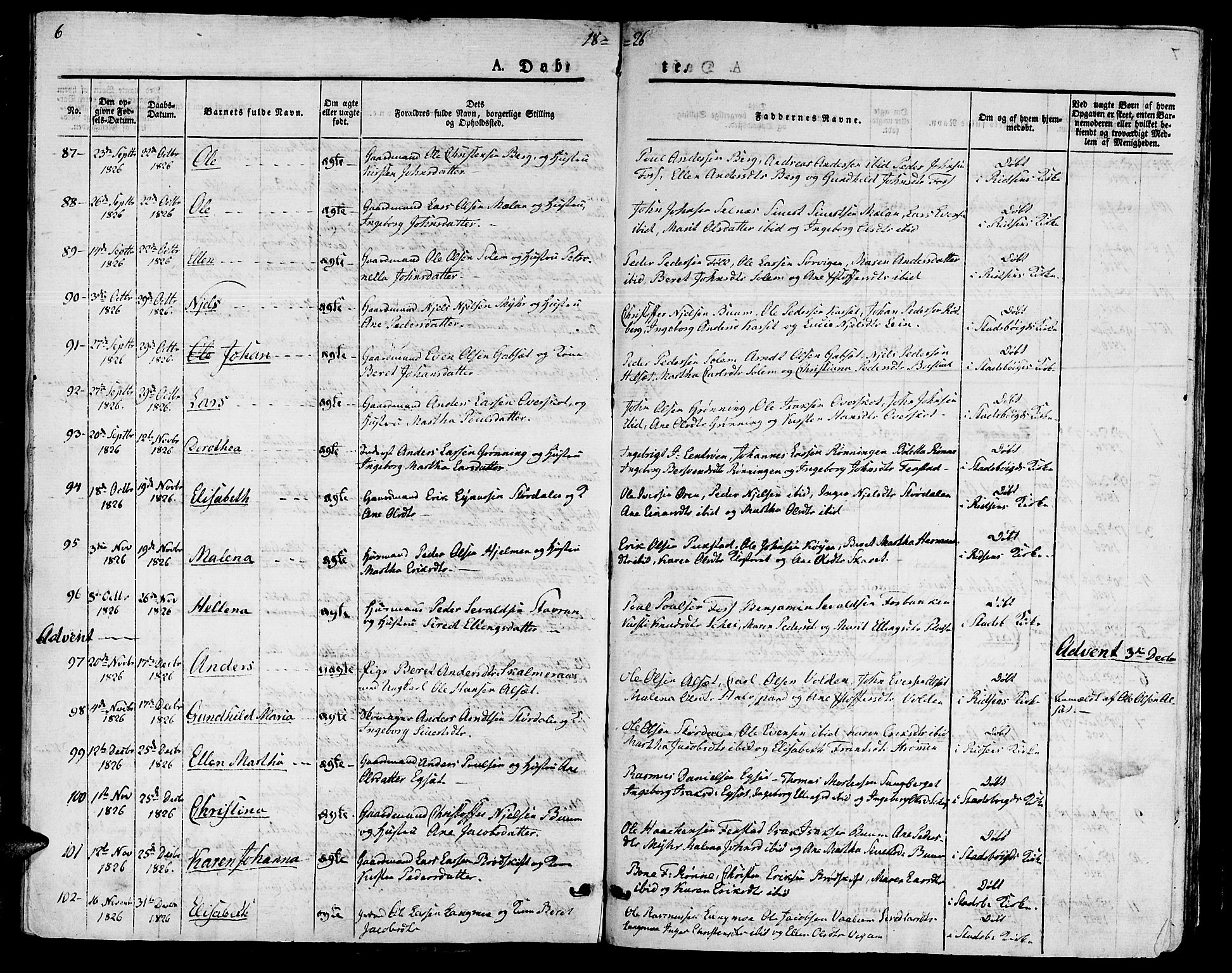 Ministerialprotokoller, klokkerbøker og fødselsregistre - Sør-Trøndelag, SAT/A-1456/646/L0609: Parish register (official) no. 646A07, 1826-1838, p. 6