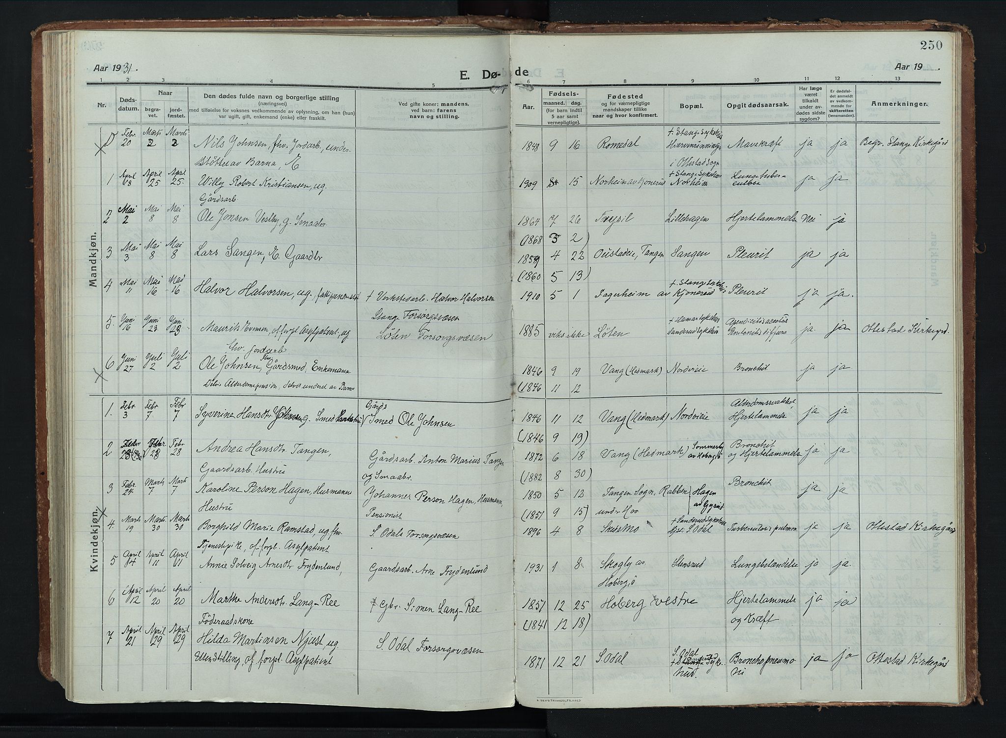 Stange prestekontor, SAH/PREST-002/K/L0028: Parish register (official) no. 28, 1913-1932, p. 250