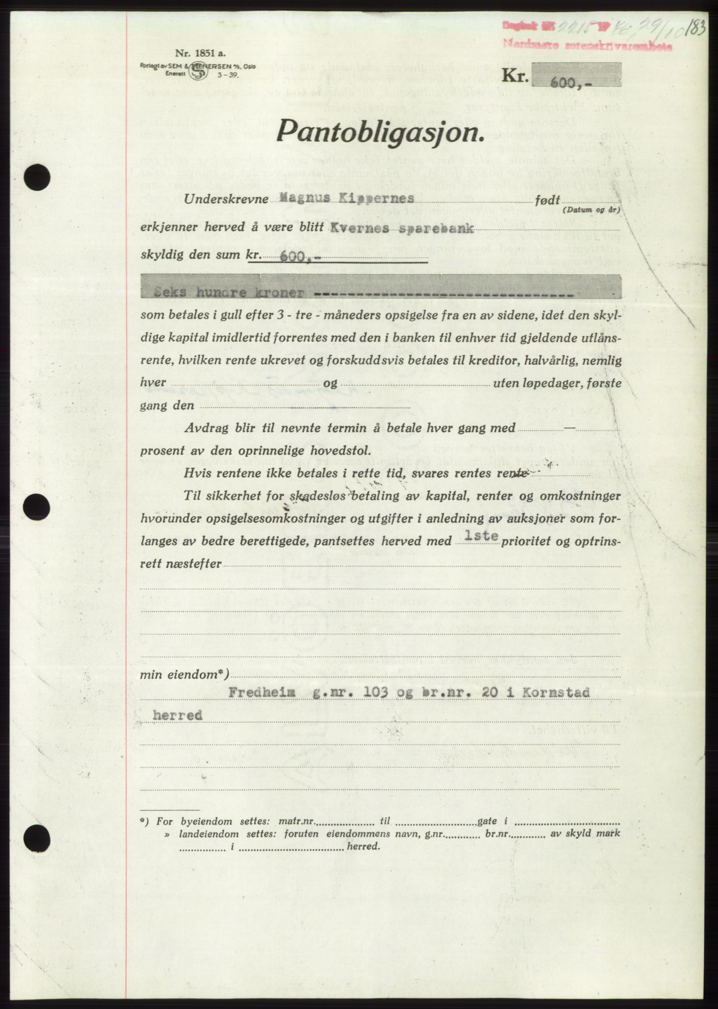 Nordmøre sorenskriveri, AV/SAT-A-4132/1/2/2Ca: Mortgage book no. B95, 1946-1947, Diary no: : 2215/1946