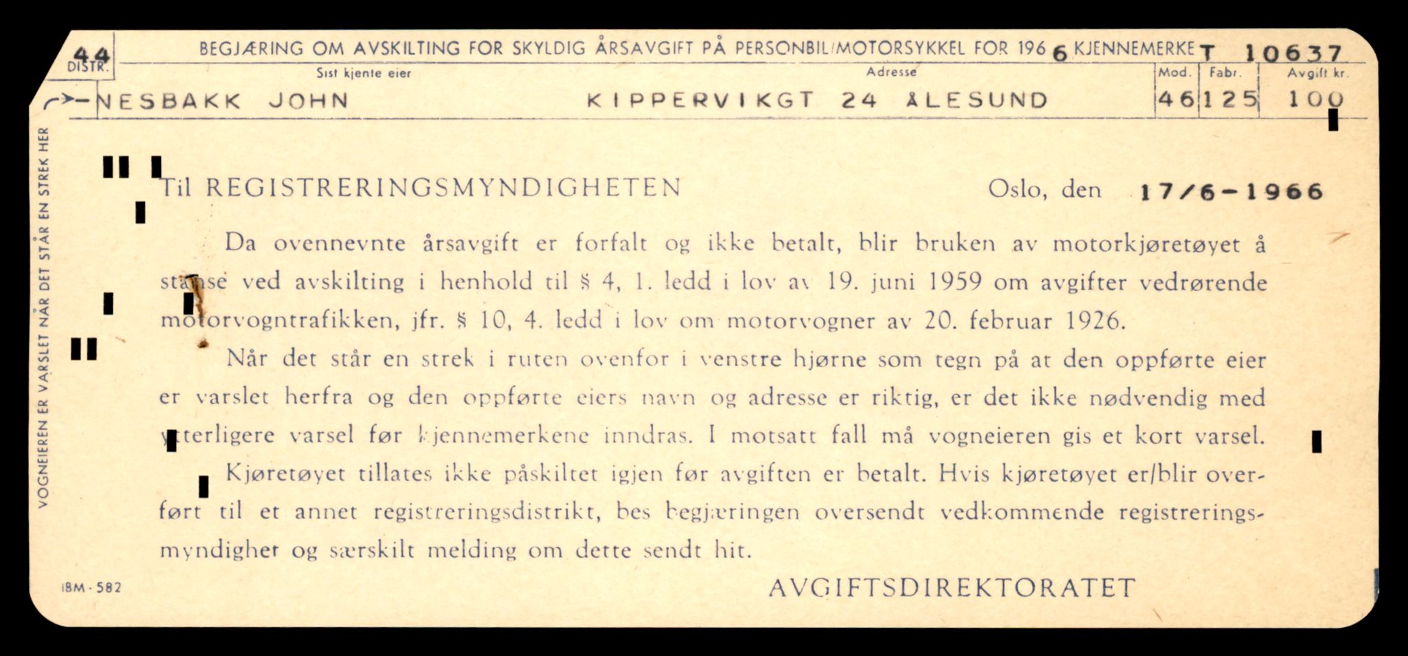 Møre og Romsdal vegkontor - Ålesund trafikkstasjon, AV/SAT-A-4099/F/Fe/L0022: Registreringskort for kjøretøy T 10584 - T 10694, 1927-1998, p. 1629