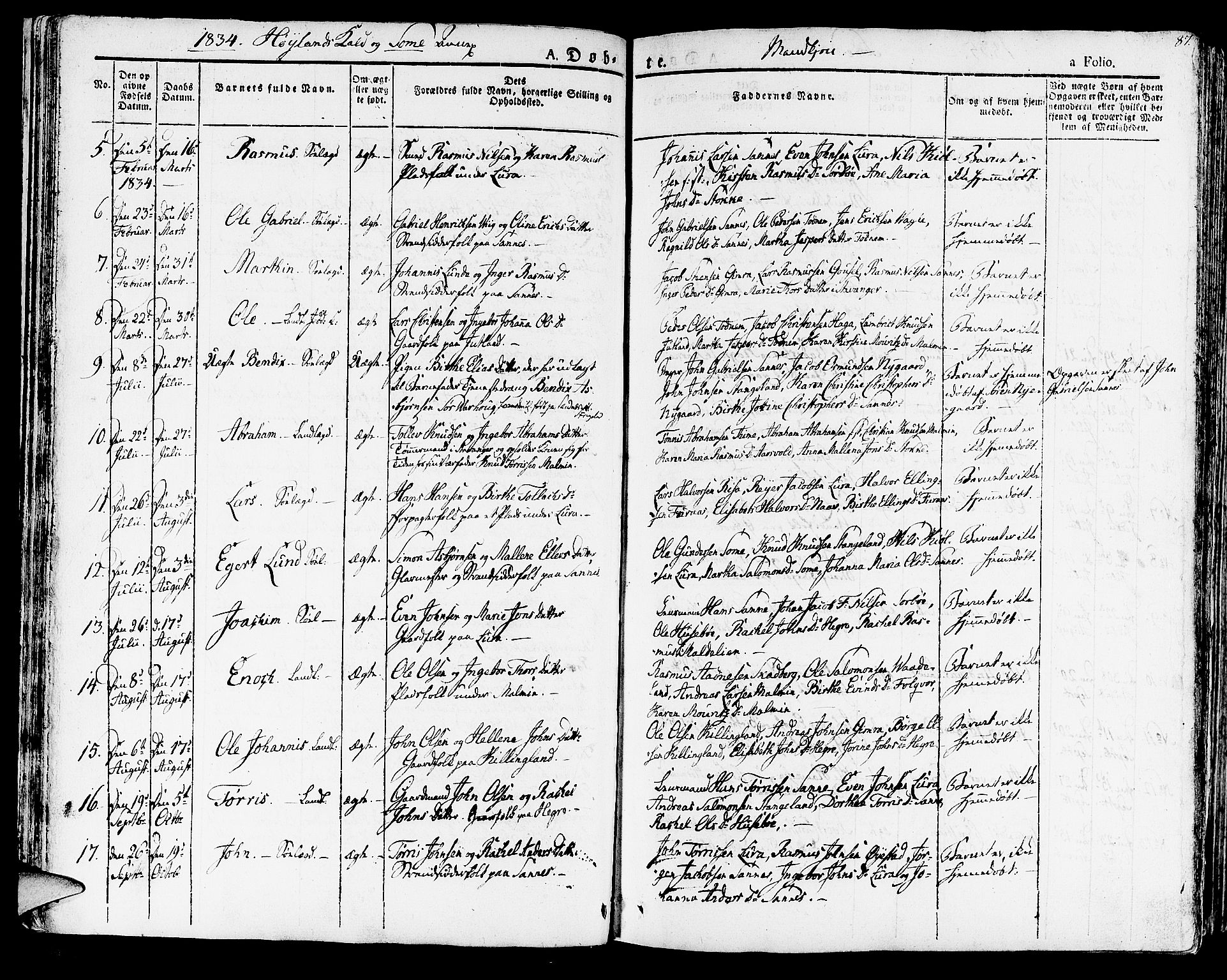 Høyland sokneprestkontor, AV/SAST-A-101799/001/30BA/L0007: Parish register (official) no. A 7 /2, 1825-1841, p. 87