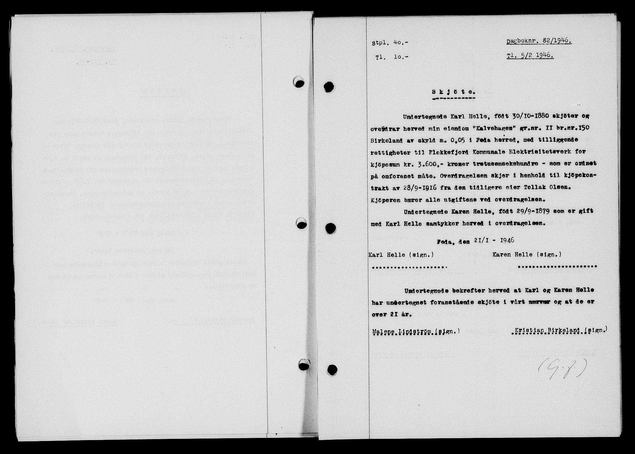 Flekkefjord sorenskriveri, SAK/1221-0001/G/Gb/Gba/L0060: Mortgage book no. A-8, 1945-1946, Diary no: : 82/1946