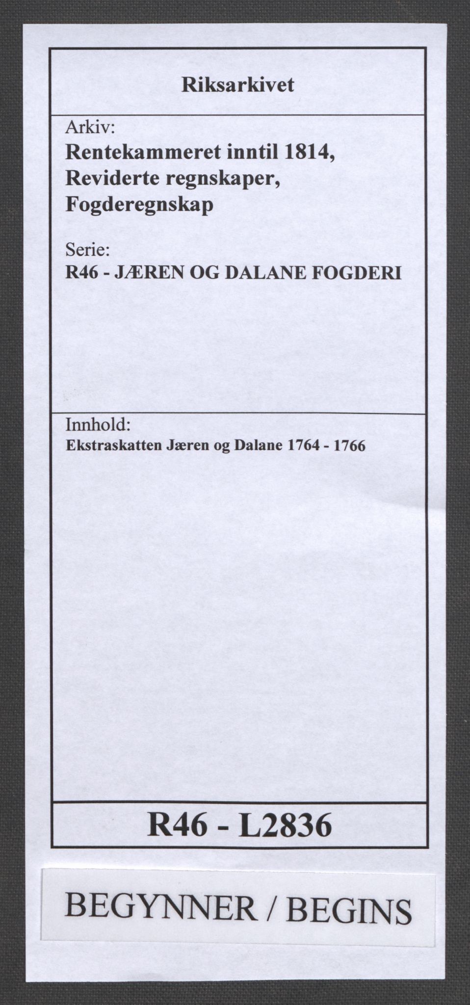 Rentekammeret inntil 1814, Reviderte regnskaper, Fogderegnskap, RA/EA-4092/R46/L2836: Ekstraskatten Jæren og Dalane, 1764-1766, p. 1