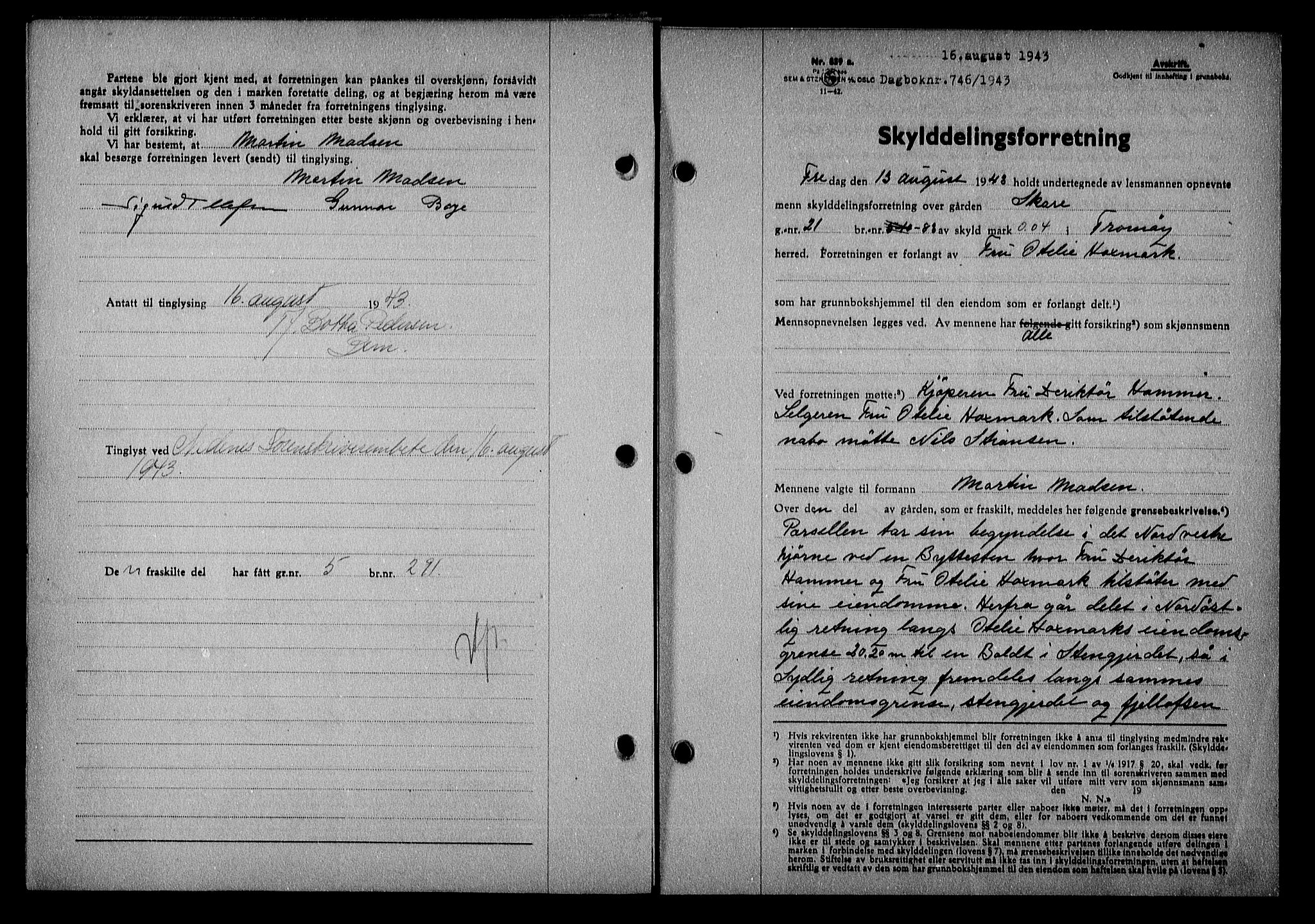 Nedenes sorenskriveri, SAK/1221-0006/G/Gb/Gba/L0051: Mortgage book no. A-V, 1943-1944, Diary no: : 746/1943