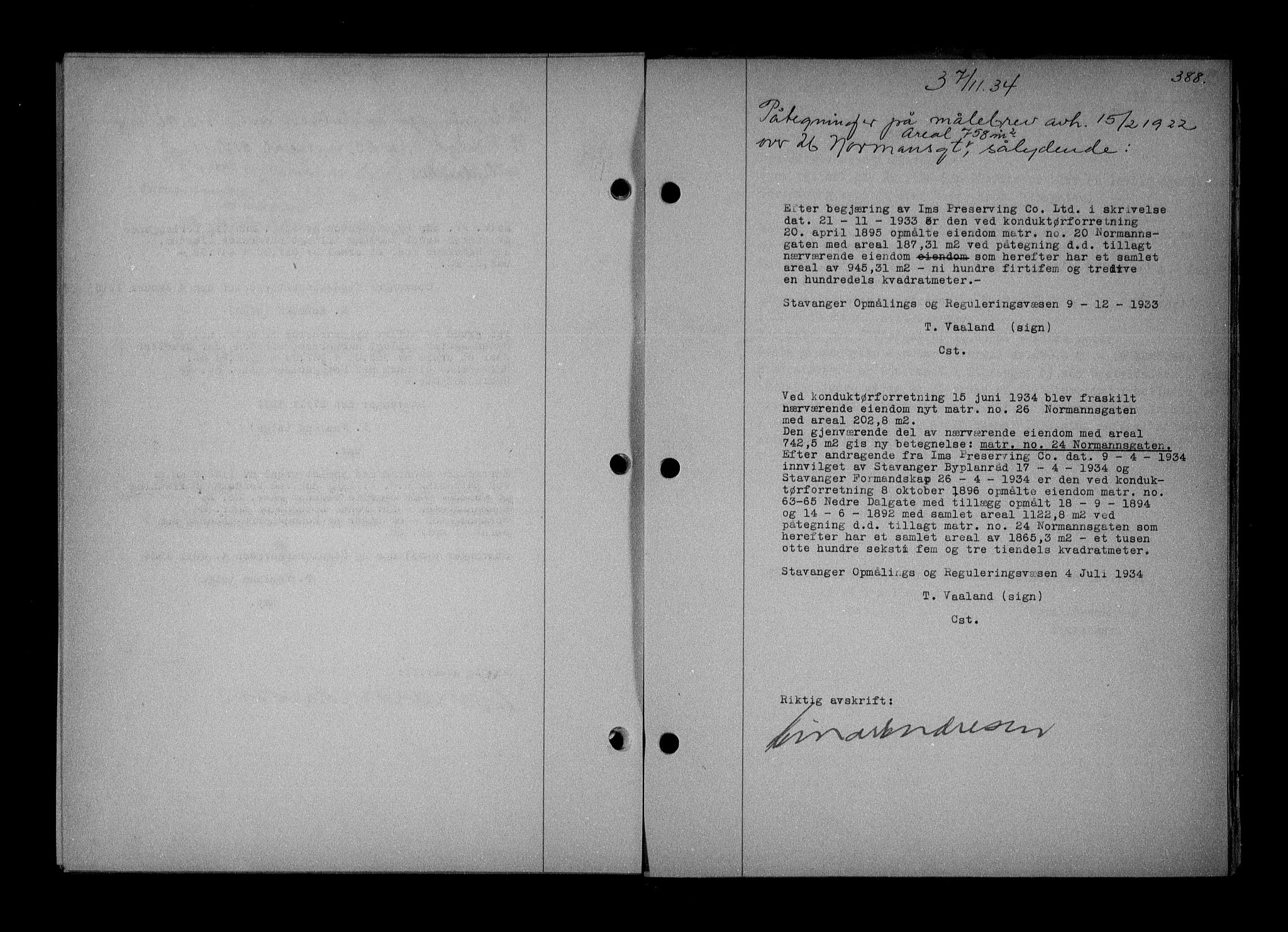 Stavanger byrett, AV/SAST-A-100455/001/4/41/410BB/L0007: Mortgage book no. 57, 1934-1934, Deed date: 07.11.1934