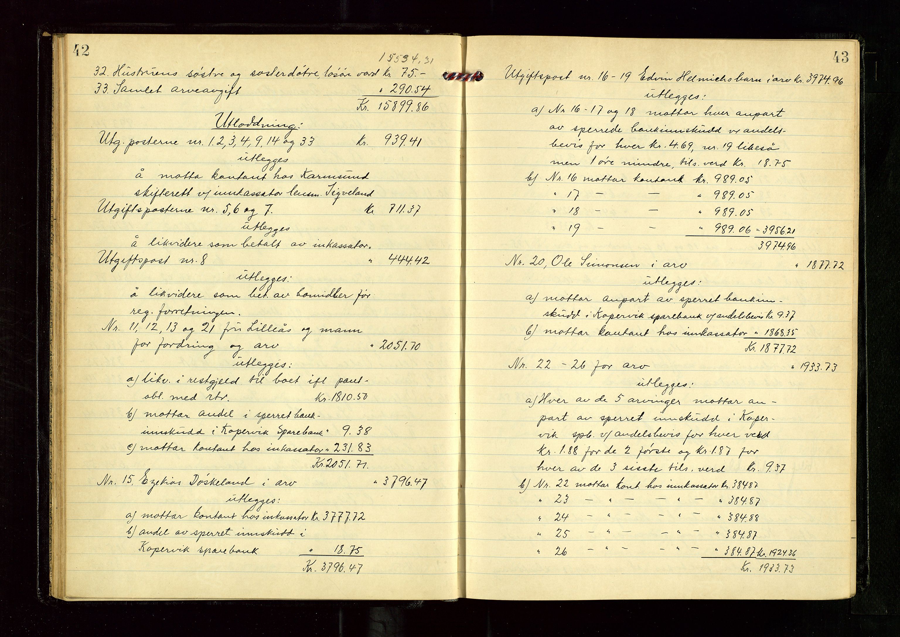 Karmsund sorenskriveri, AV/SAST-A-100311/01/IV/IVGB/L0005: SKIFTEUTLODNINGSPROTOKOLL, 1931-1936, p. 42-43