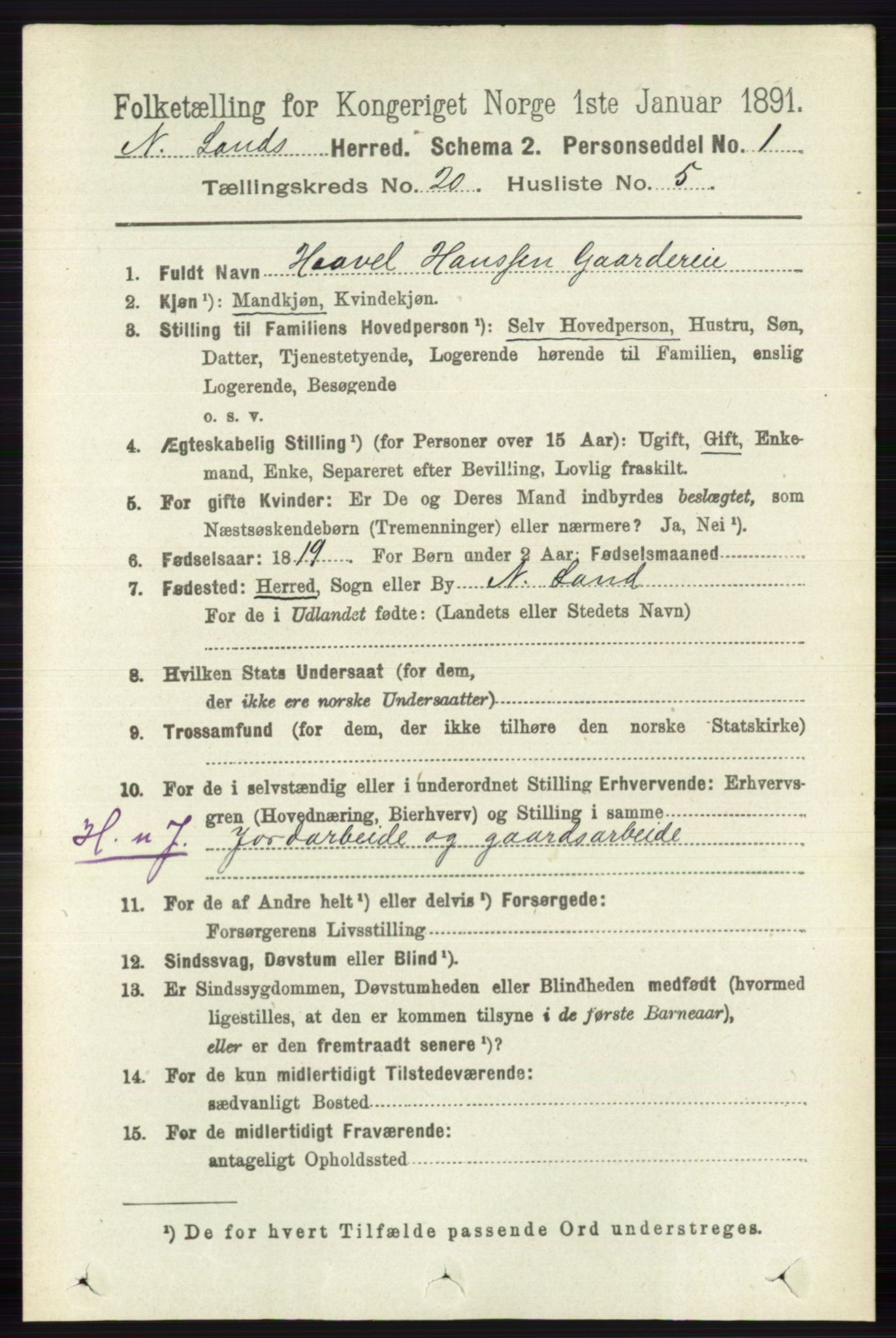 RA, 1891 census for 0538 Nordre Land, 1891, p. 4903