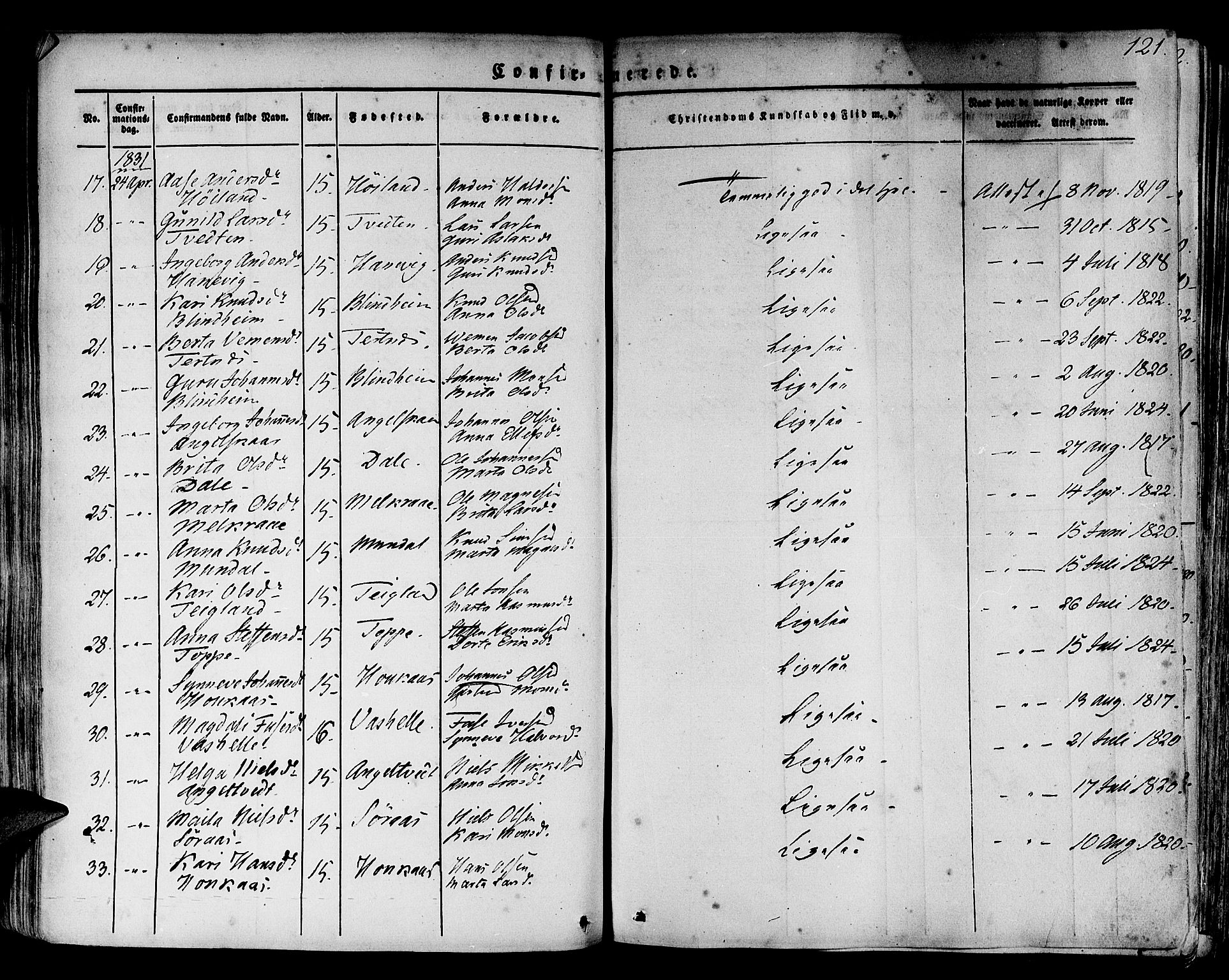 Hamre sokneprestembete, SAB/A-75501/H/Ha/Haa/Haaa/L0011: Parish register (official) no. A 11, 1826-1834, p. 121