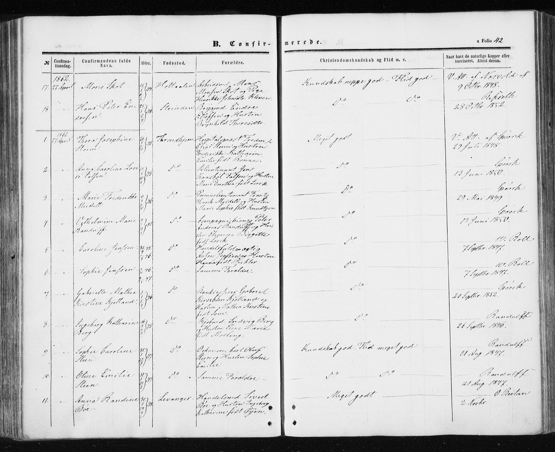 Ministerialprotokoller, klokkerbøker og fødselsregistre - Sør-Trøndelag, AV/SAT-A-1456/601/L0053: Parish register (official) no. 601A21, 1857-1865, p. 42