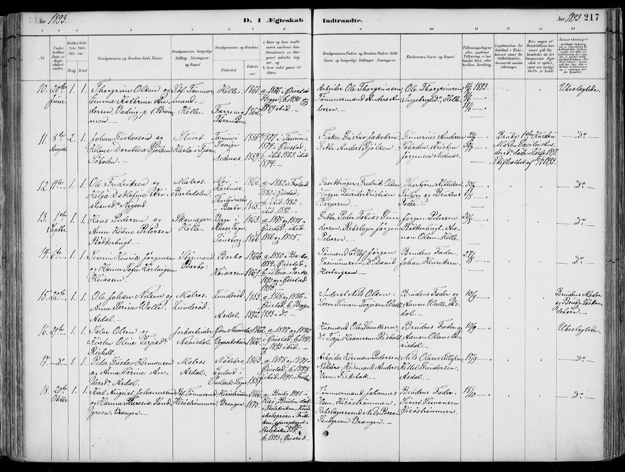 Øyestad sokneprestkontor, AV/SAK-1111-0049/F/Fa/L0017: Parish register (official) no. A 17, 1887-1896, p. 217