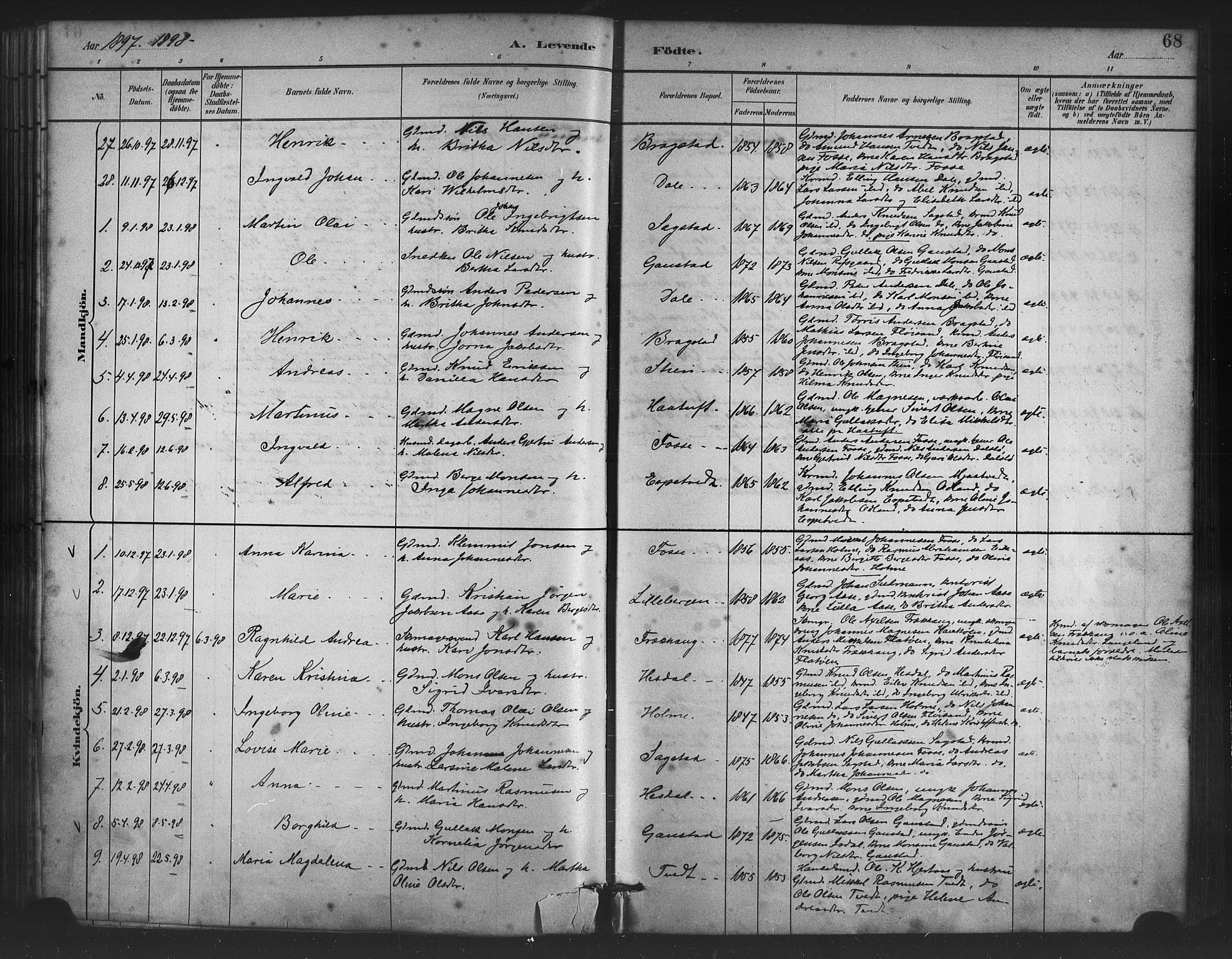 Alversund Sokneprestembete, SAB/A-73901/H/Ha/Haa/Haac/L0001: Parish register (official) no. C 1, 1882-1900, p. 68