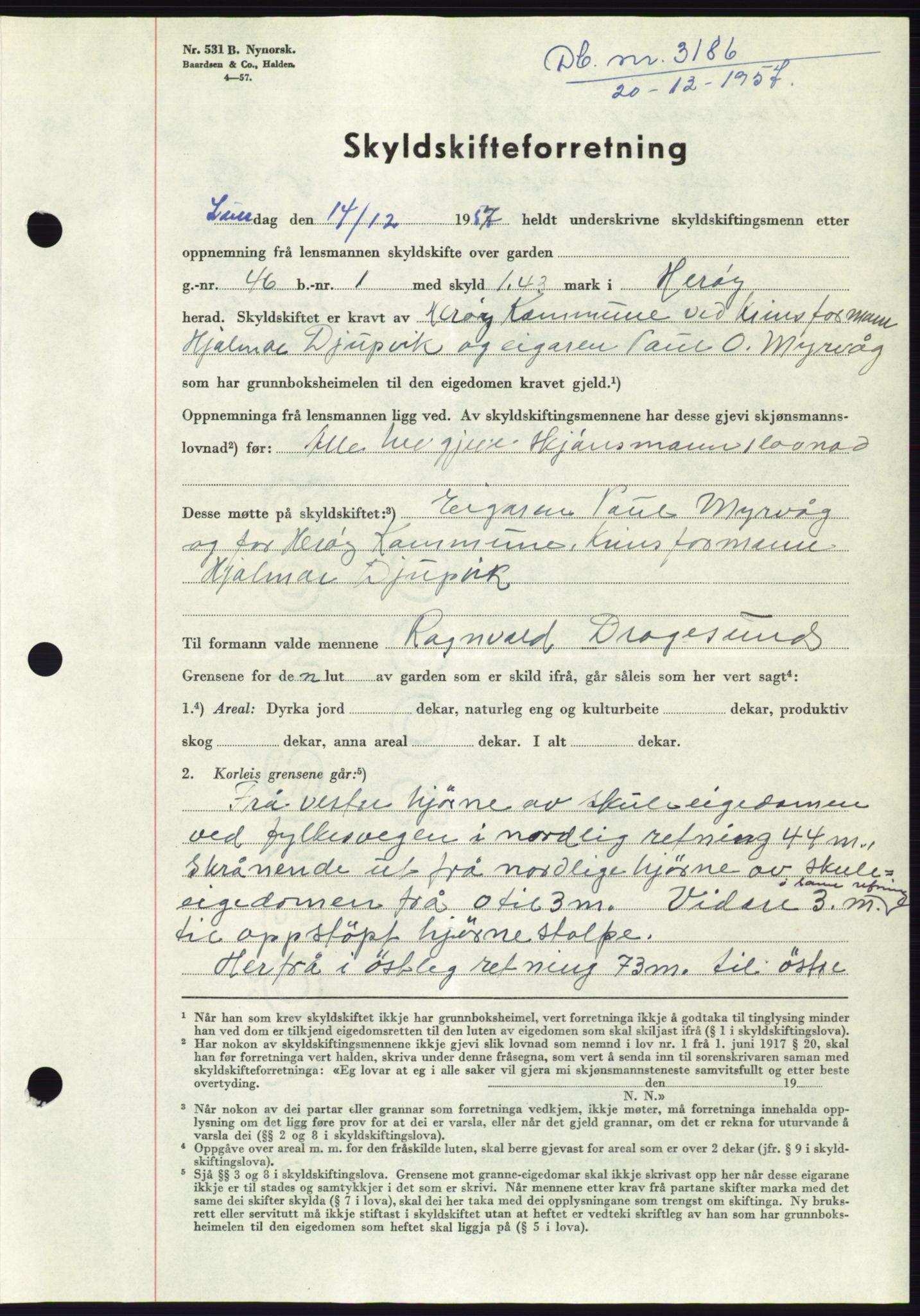 Søre Sunnmøre sorenskriveri, AV/SAT-A-4122/1/2/2C/L0108: Mortgage book no. 34A, 1957-1958, Diary no: : 3186/1957