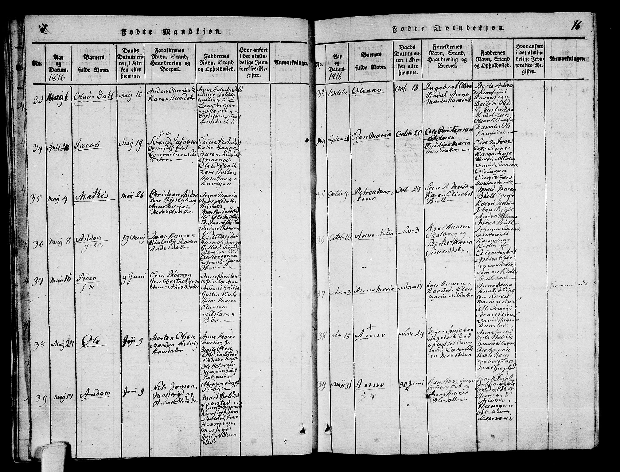 Sandar kirkebøker, SAKO/A-243/G/Ga/L0001: Parish register (copy) no. 1, 1814-1835, p. 16