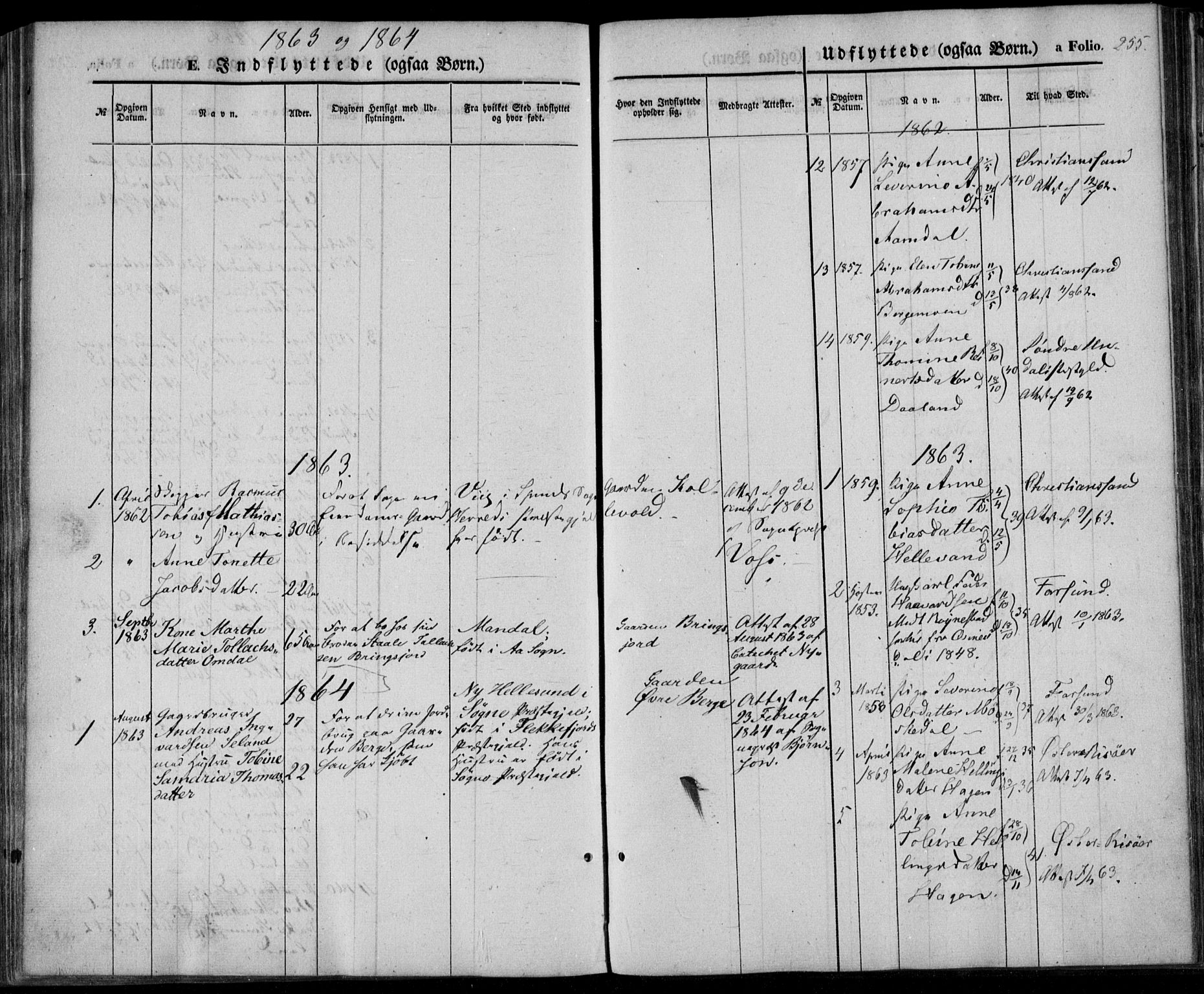 Lyngdal sokneprestkontor, SAK/1111-0029/F/Fa/Fac/L0009: Parish register (official) no. A 9, 1852-1864, p. 255