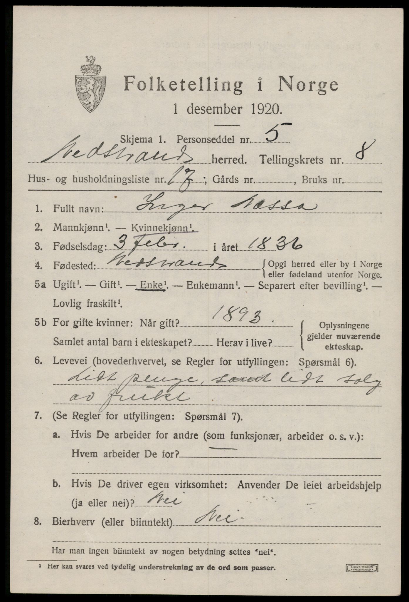 SAST, 1920 census for Nedstrand, 1920, p. 3093