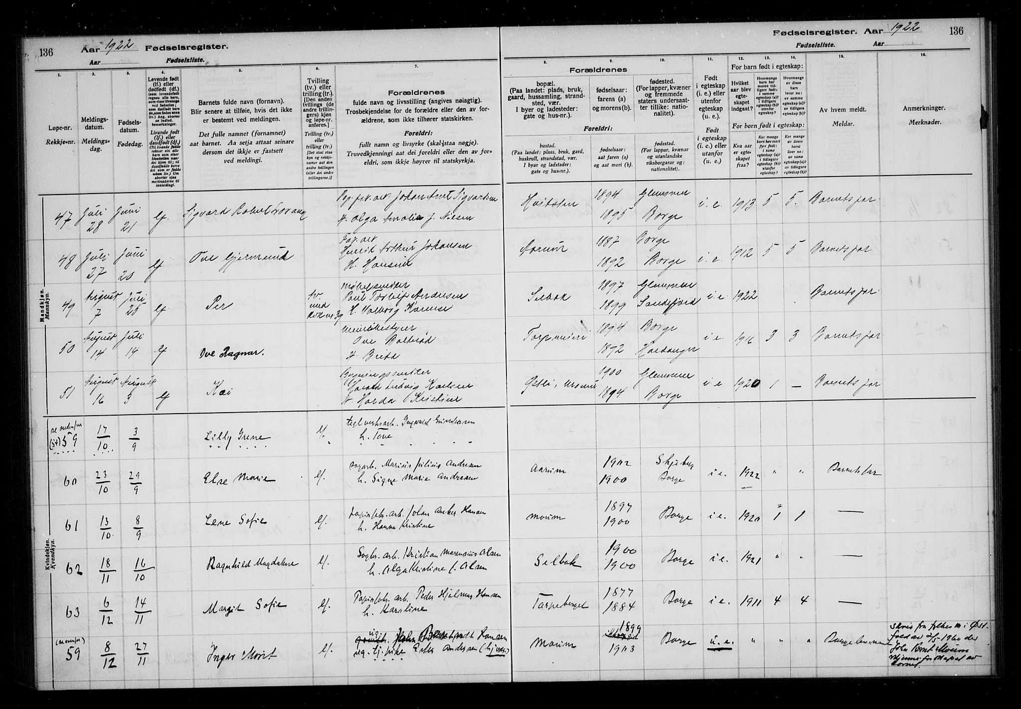 Borge prestekontor Kirkebøker, AV/SAO-A-10903/J/Ja/L0001: Birth register no. I 1, 1916-1925, p. 136