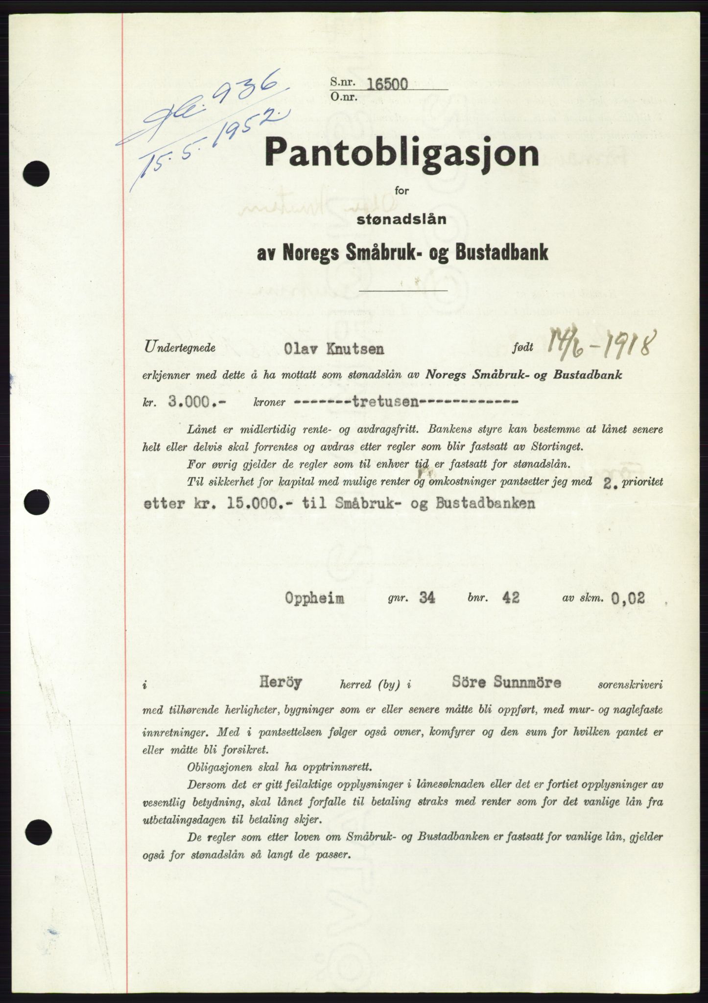 Søre Sunnmøre sorenskriveri, AV/SAT-A-4122/1/2/2C/L0121: Mortgage book no. 9B, 1951-1952, Diary no: : 936/1952