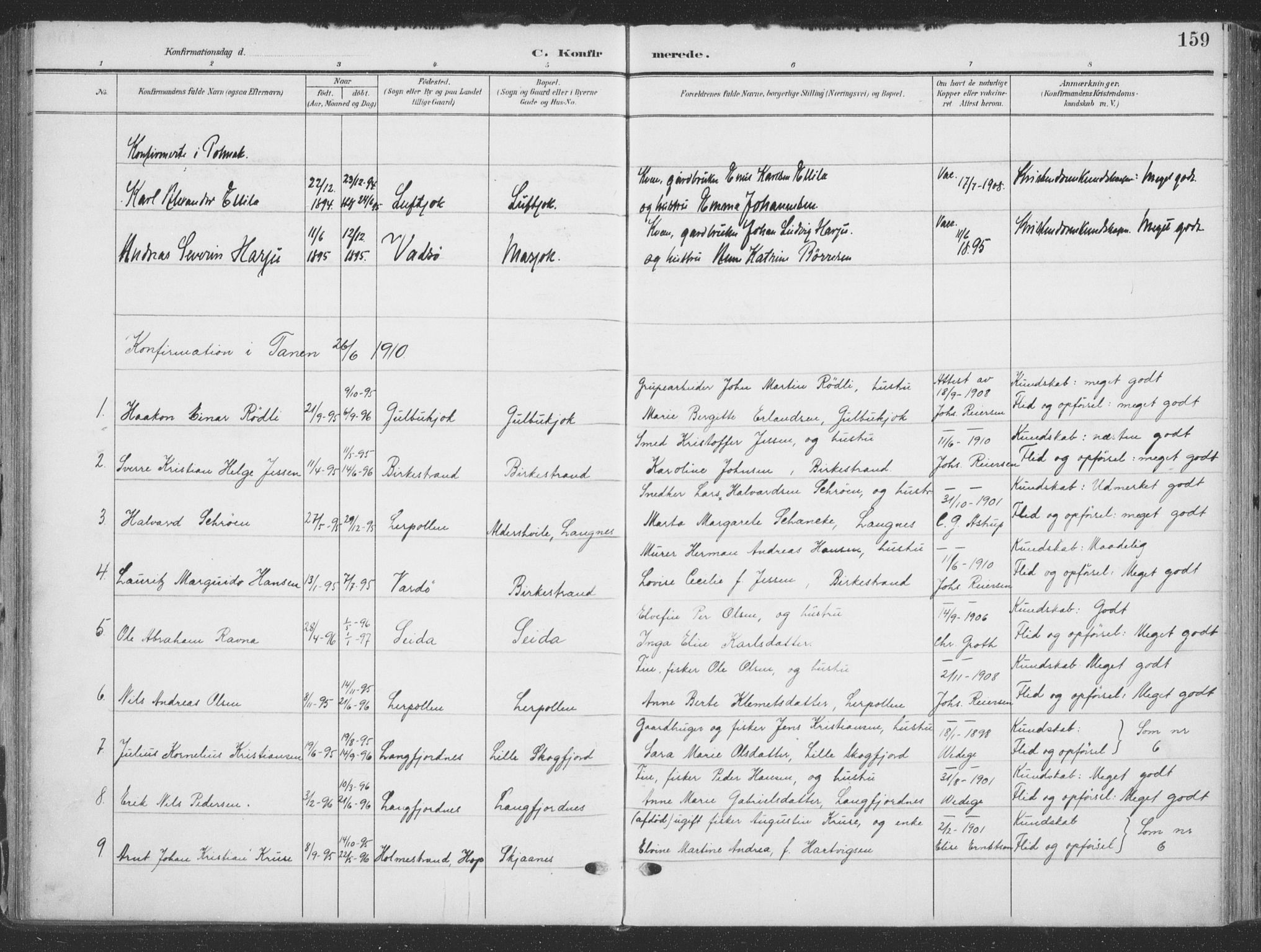 Tana sokneprestkontor, SATØ/S-1334/H/Ha/L0007kirke: Parish register (official) no. 7, 1904-1918, p. 159