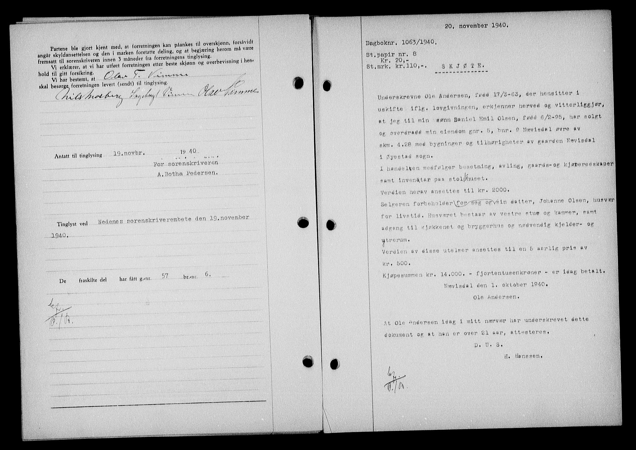 Nedenes sorenskriveri, AV/SAK-1221-0006/G/Gb/Gba/L0048: Mortgage book no. A-II, 1940-1941, Diary no: : 1063/1940