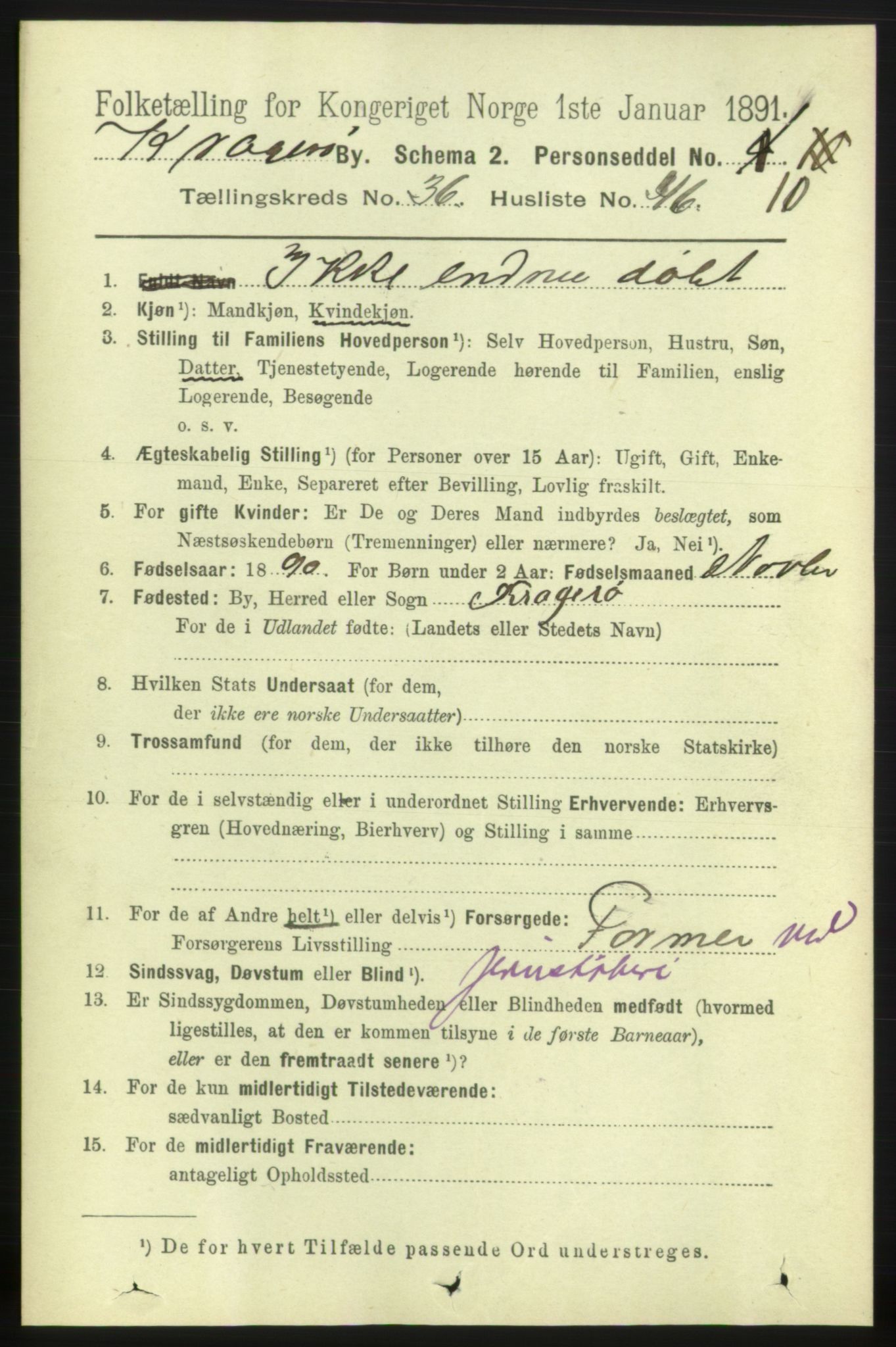 RA, 1891 census for 0801 Kragerø, 1891, p. 6751