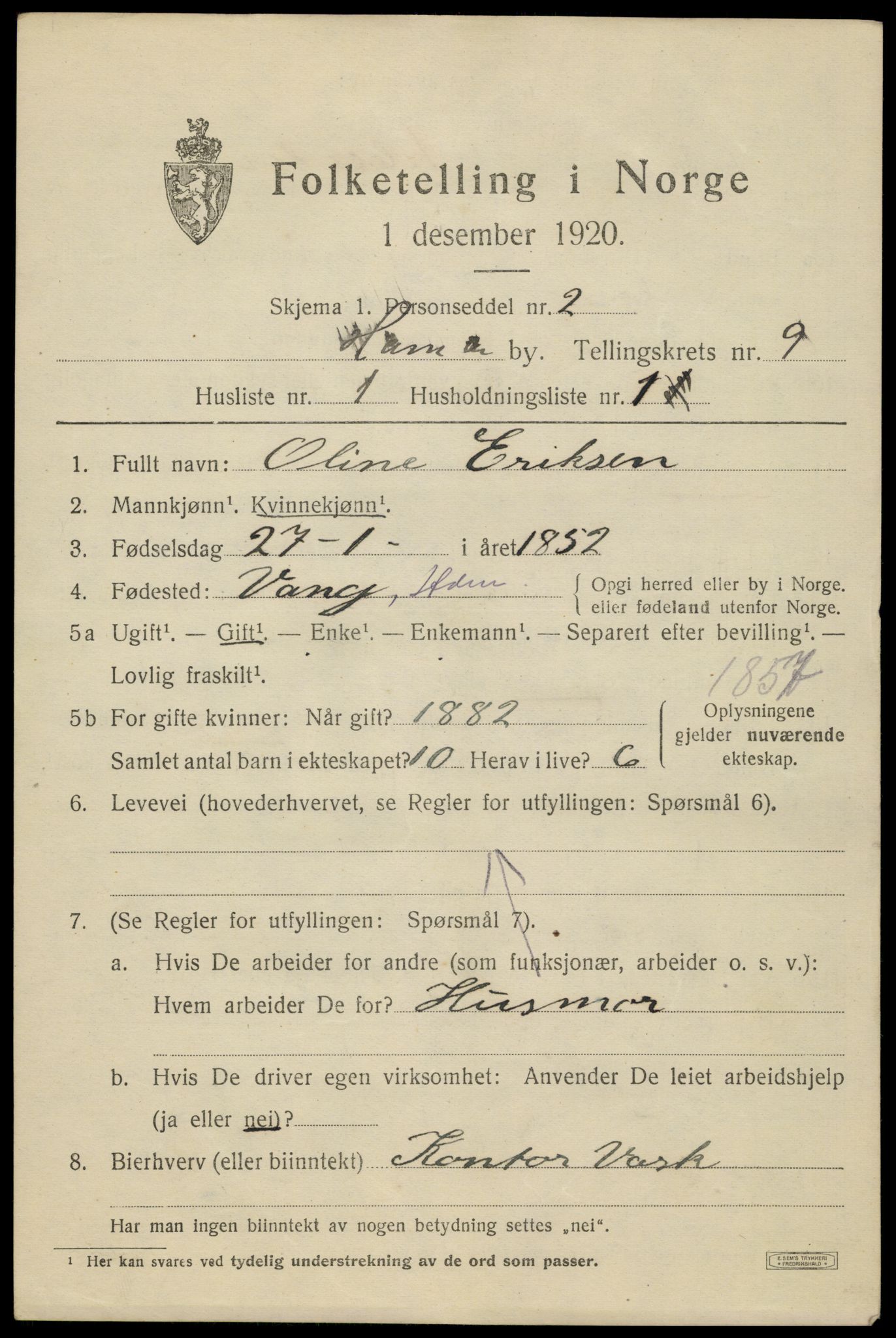 SAH, 1920 census for Hamar, 1920, p. 16091