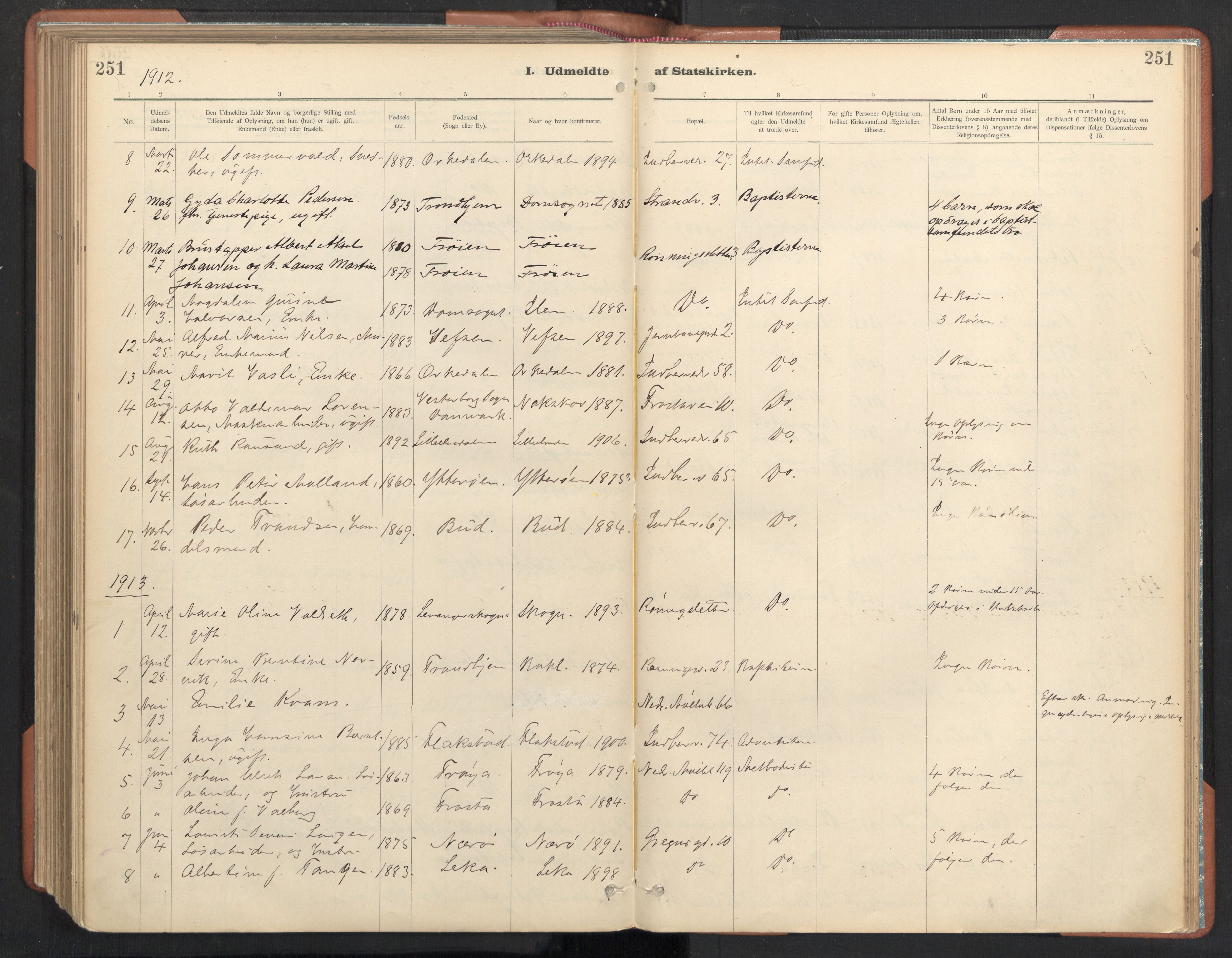 Ministerialprotokoller, klokkerbøker og fødselsregistre - Sør-Trøndelag, SAT/A-1456/605/L0244: Parish register (official) no. 605A06, 1908-1954, p. 251