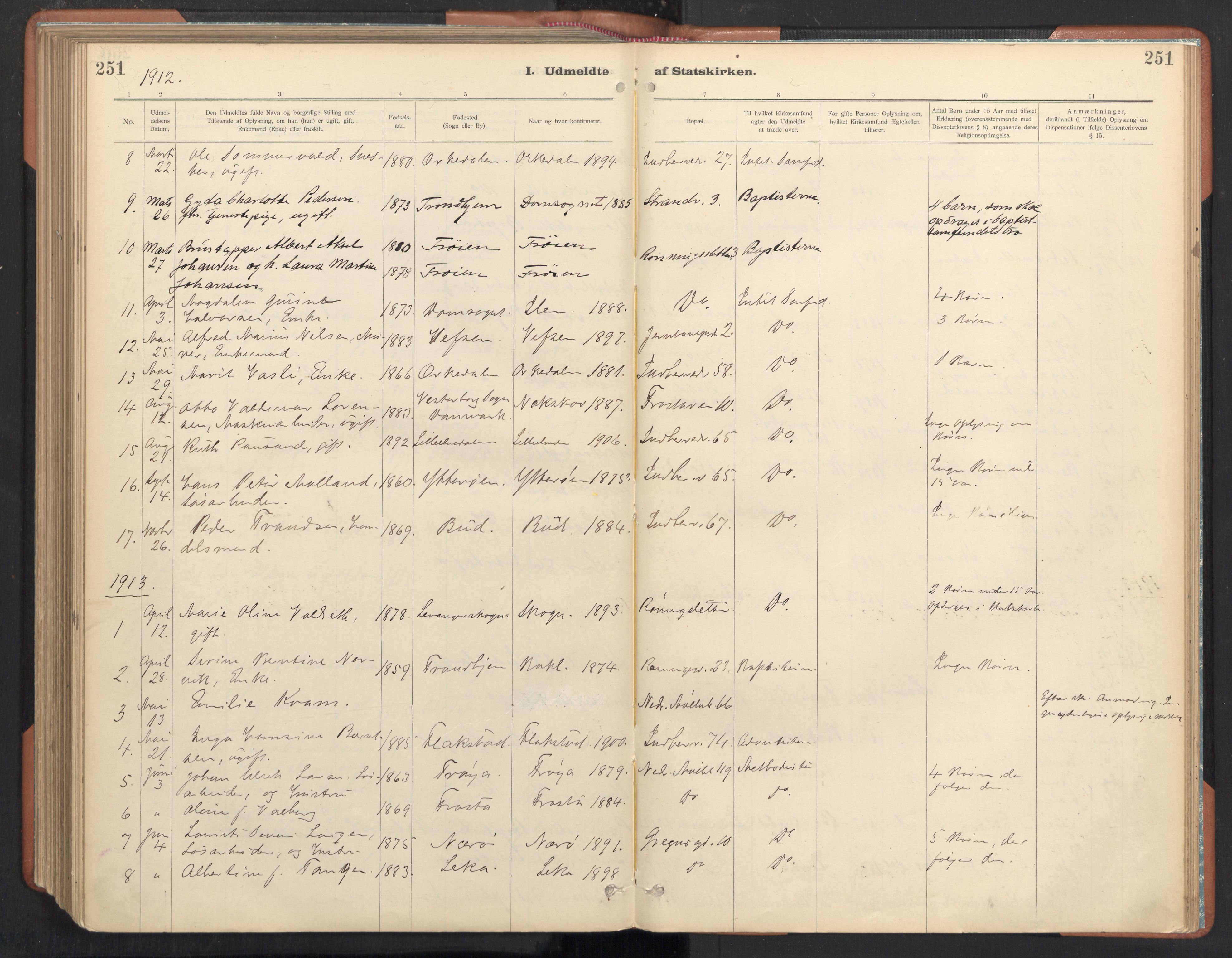 Ministerialprotokoller, klokkerbøker og fødselsregistre - Sør-Trøndelag, AV/SAT-A-1456/605/L0244: Parish register (official) no. 605A06, 1908-1954, p. 251