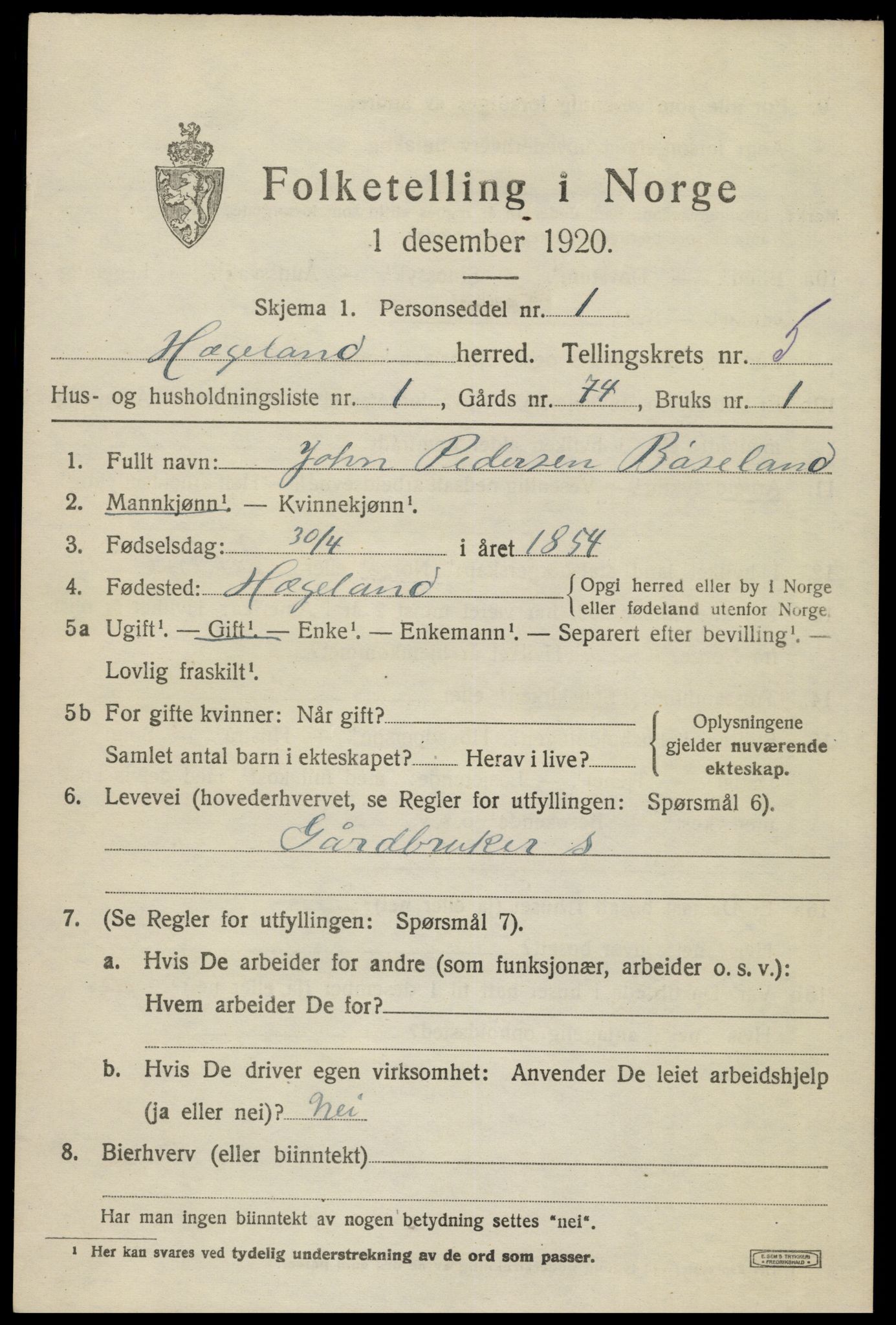 SAK, 1920 census for Hægeland, 1920, p. 1971