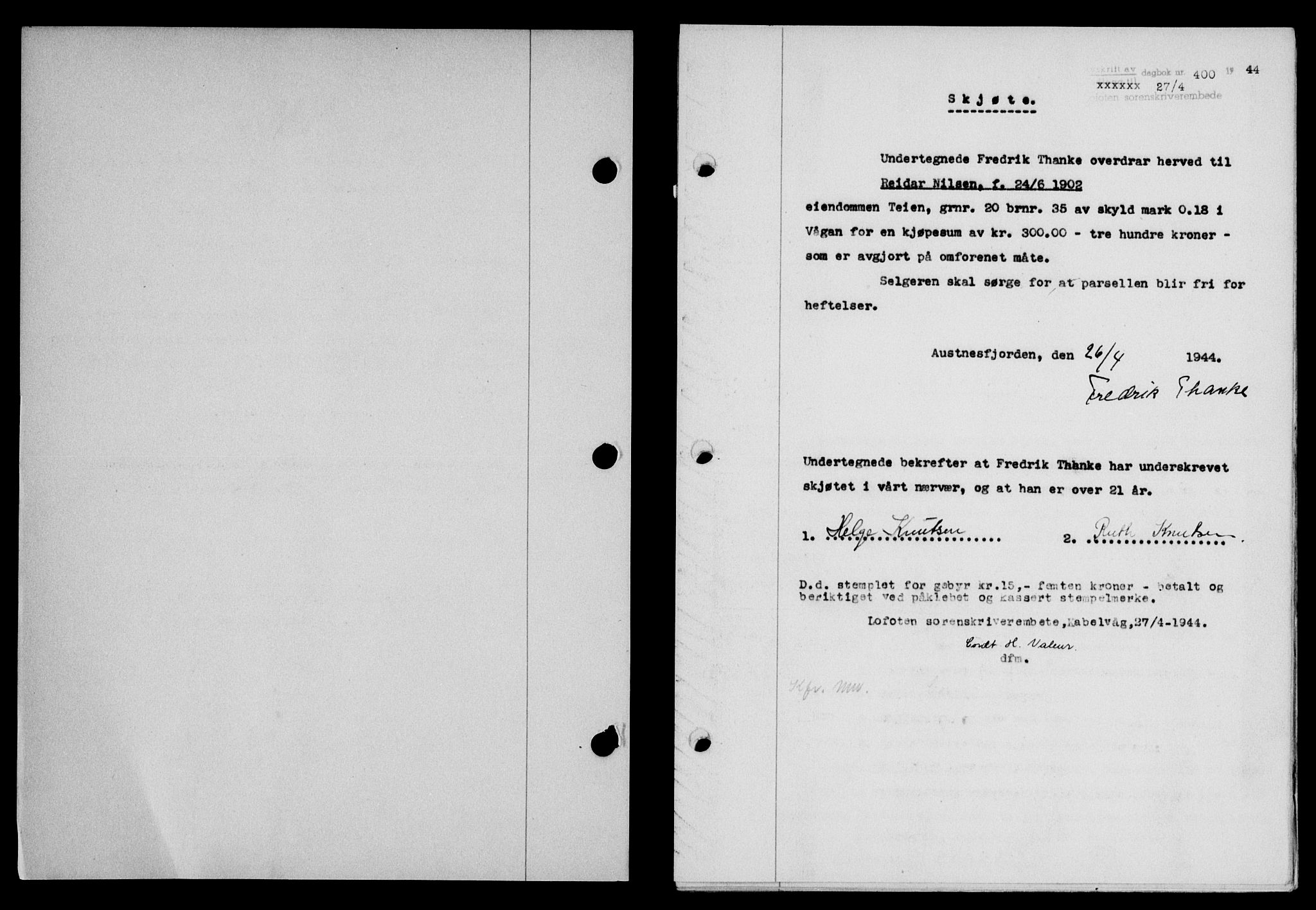 Lofoten sorenskriveri, SAT/A-0017/1/2/2C/L0012a: Mortgage book no. 12a, 1943-1944, Diary no: : 400/1944