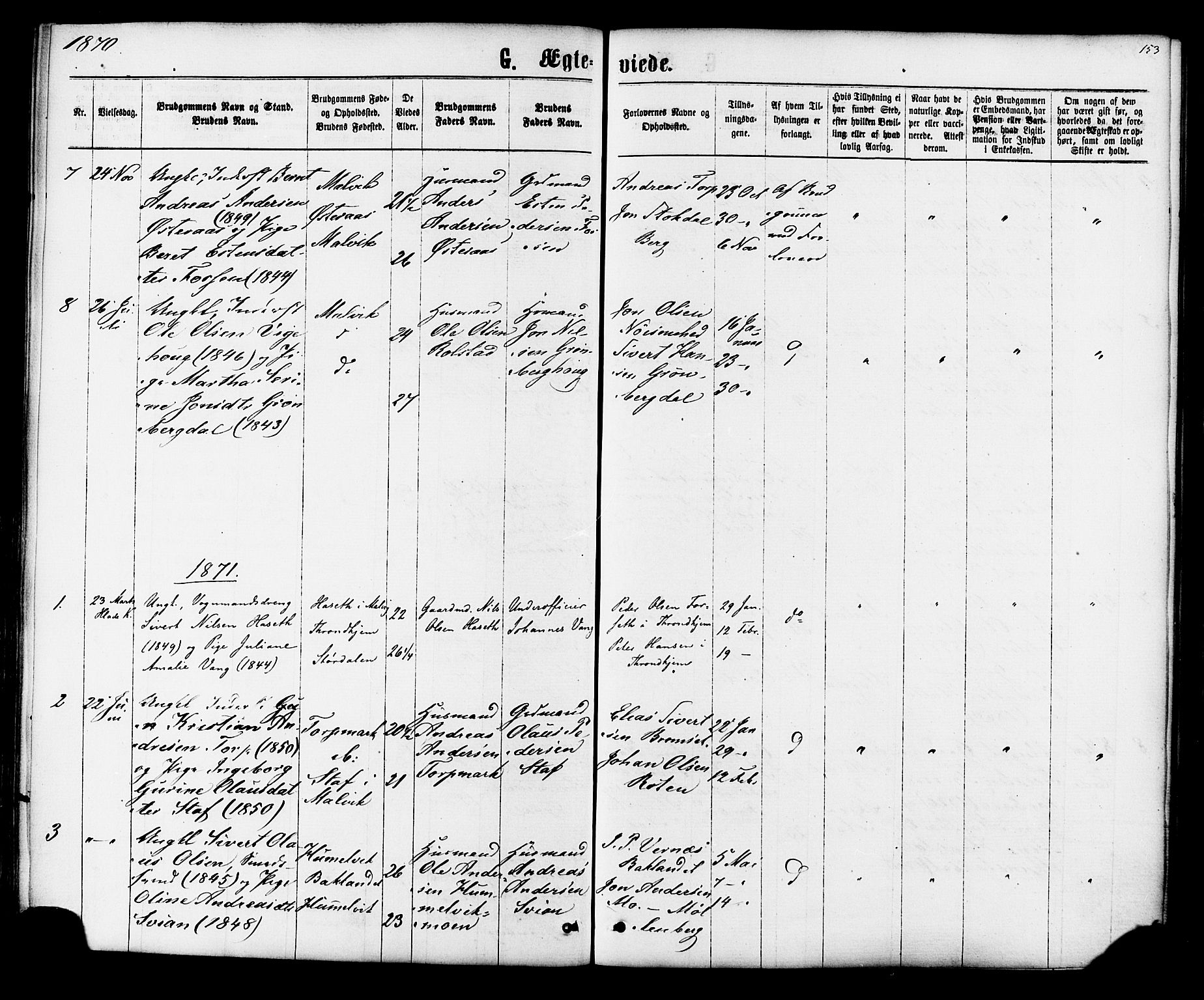 Ministerialprotokoller, klokkerbøker og fødselsregistre - Sør-Trøndelag, SAT/A-1456/616/L0409: Parish register (official) no. 616A06, 1865-1877, p. 153