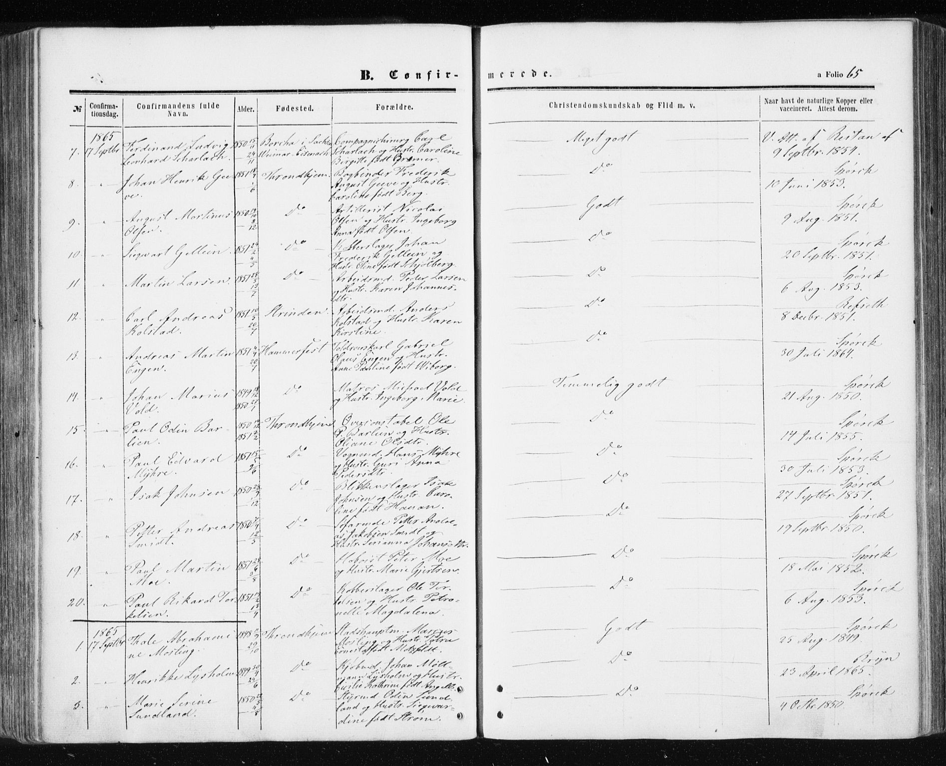 Ministerialprotokoller, klokkerbøker og fødselsregistre - Sør-Trøndelag, SAT/A-1456/601/L0053: Parish register (official) no. 601A21, 1857-1865, p. 65