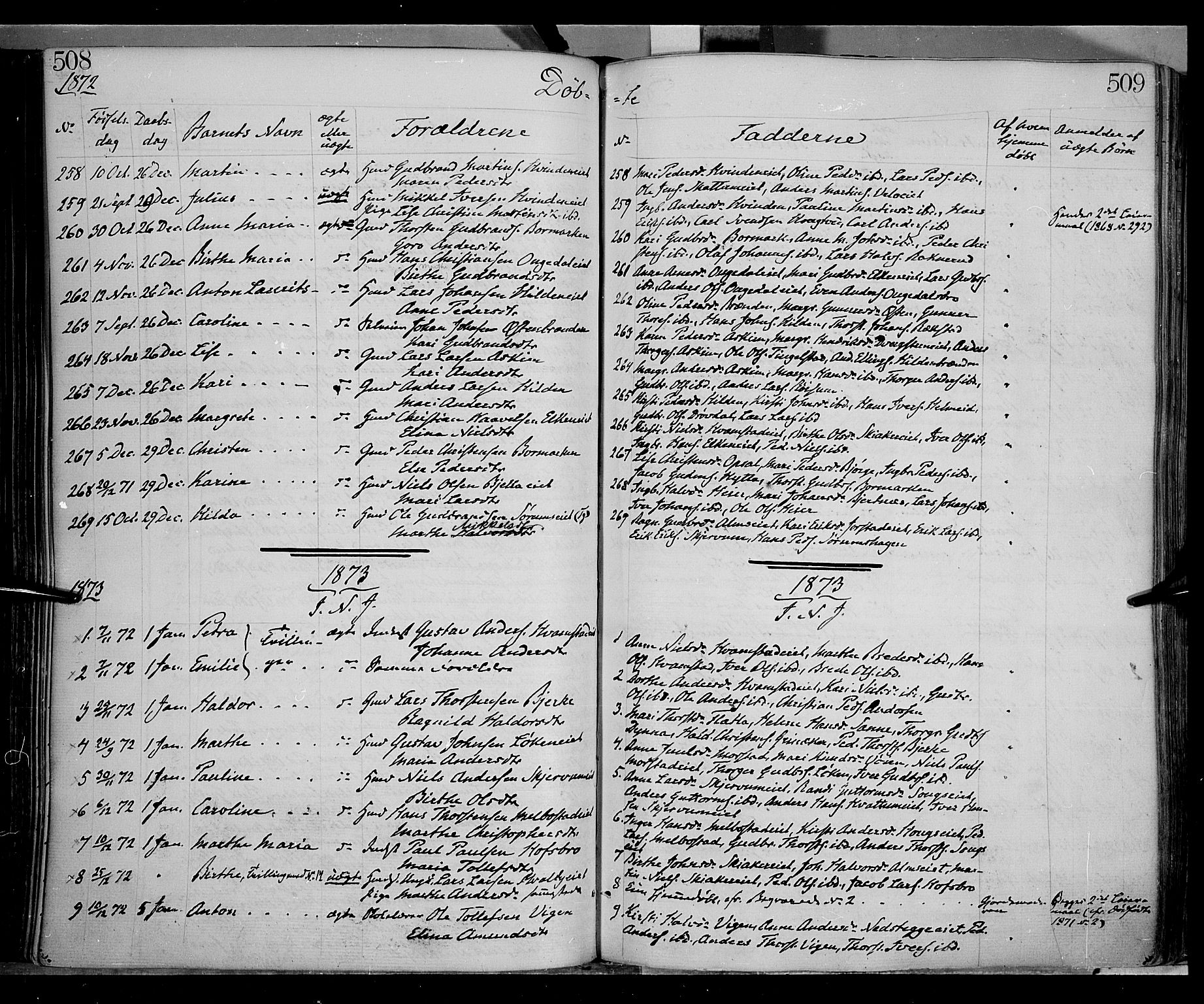 Gran prestekontor, SAH/PREST-112/H/Ha/Haa/L0012: Parish register (official) no. 12, 1856-1874, p. 508-509