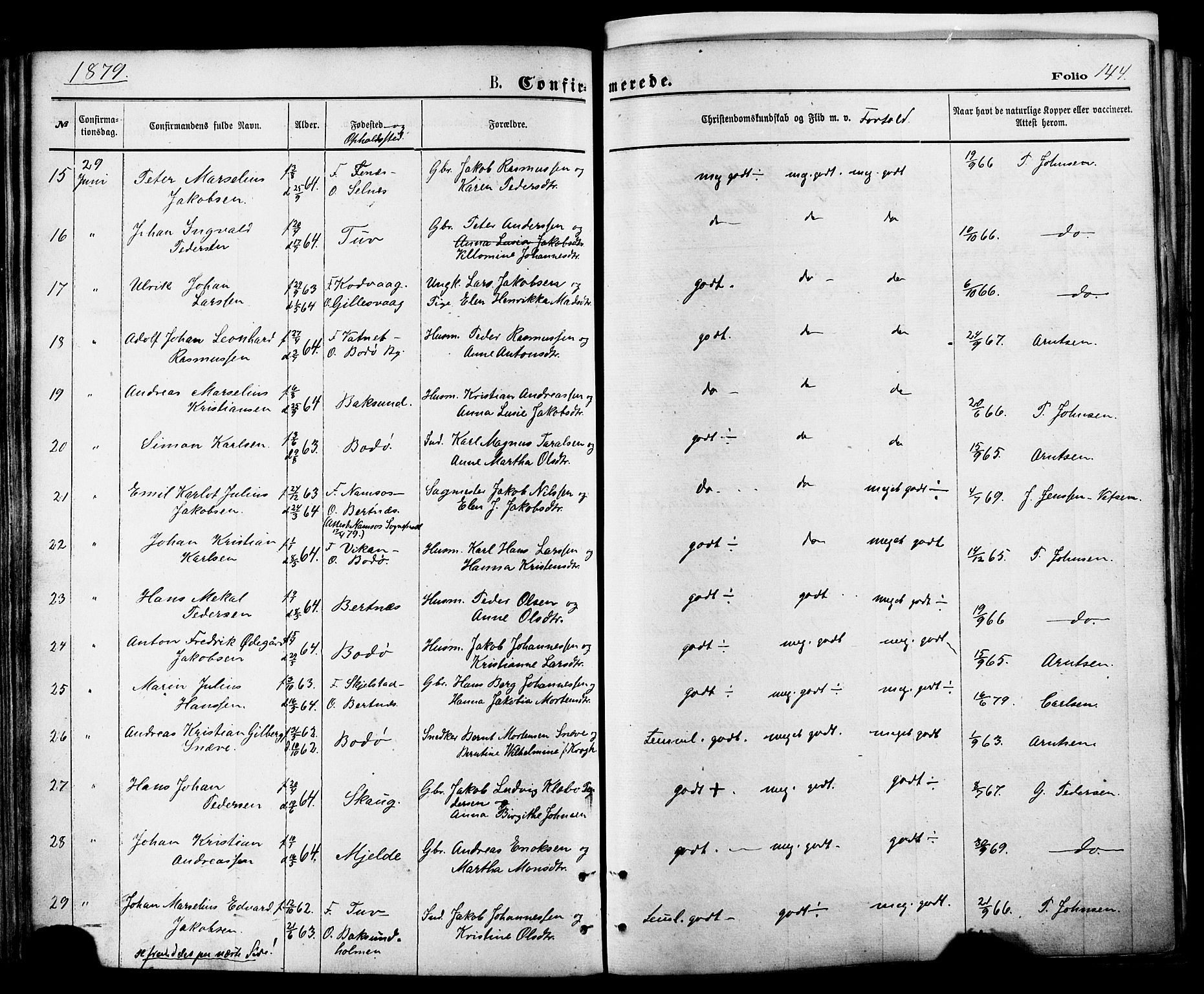 Ministerialprotokoller, klokkerbøker og fødselsregistre - Nordland, SAT/A-1459/801/L0009: Parish register (official) no. 801A09, 1876-1883, p. 144