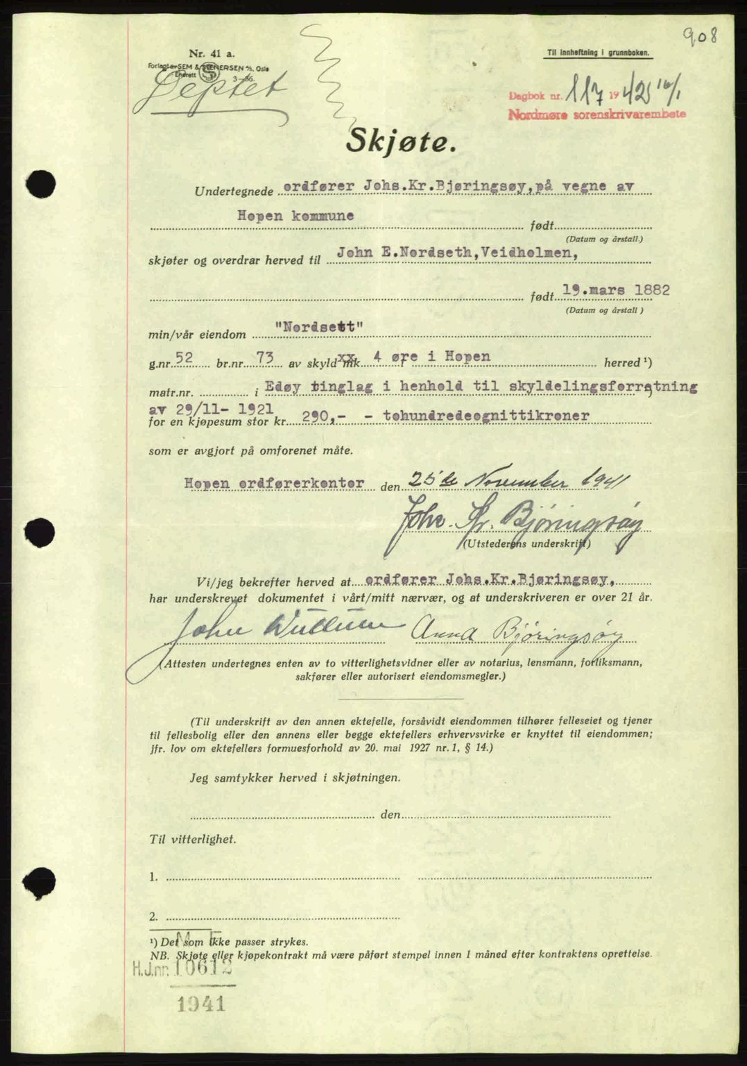 Nordmøre sorenskriveri, AV/SAT-A-4132/1/2/2Ca: Mortgage book no. A91, 1941-1942, Diary no: : 117/1942