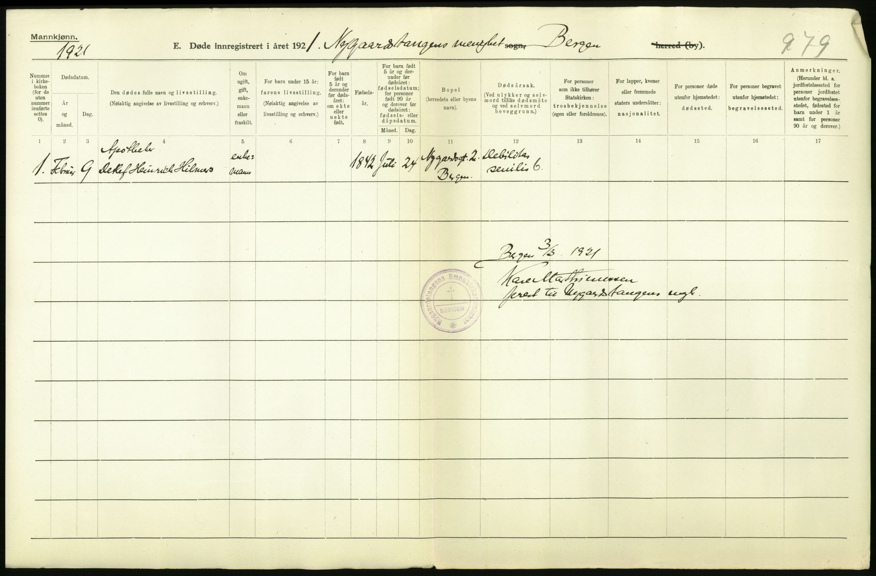 Statistisk sentralbyrå, Sosiodemografiske emner, Befolkning, AV/RA-S-2228/D/Df/Dfc/Dfca/L0036: Bergen: Døde., 1921, p. 196