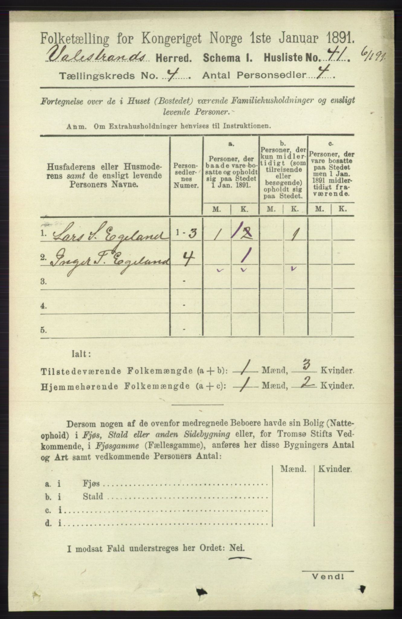 RA, 1891 census for 1217 Valestrand, 1891, p. 871
