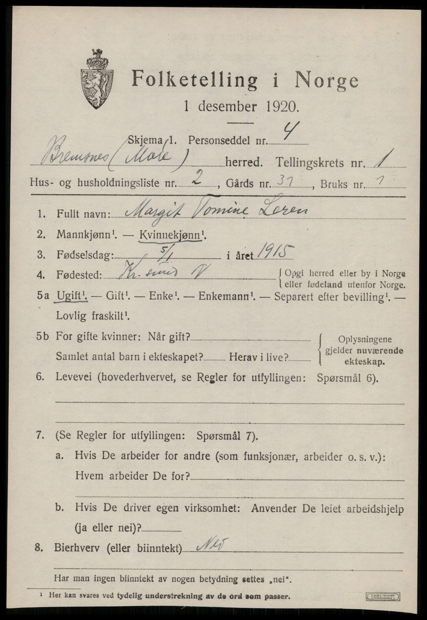 SAT, 1920 census for Bremsnes, 1920, p. 1495