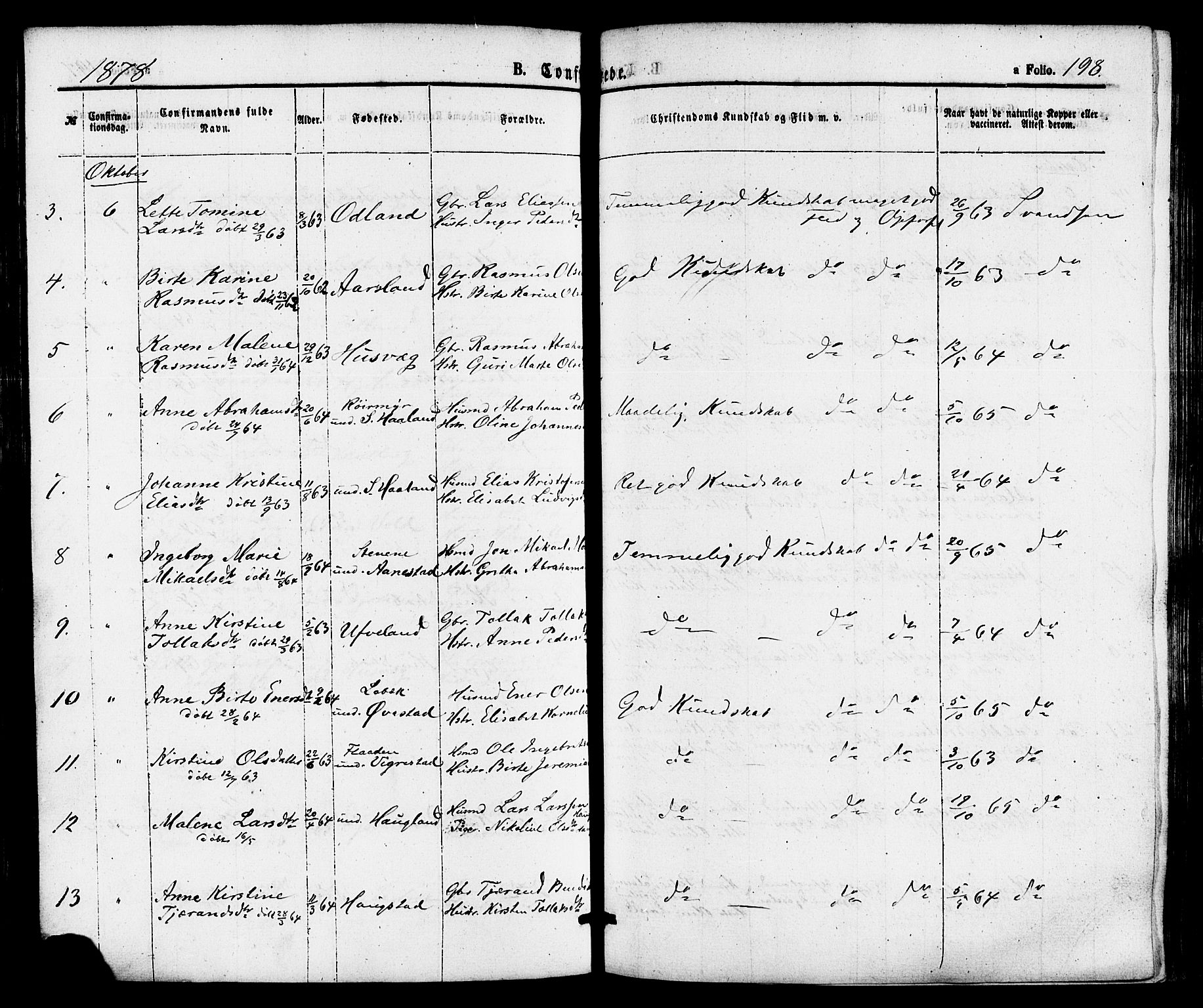 Hå sokneprestkontor, AV/SAST-A-101801/001/30BA/L0009: Parish register (official) no. A 8, 1855-1878, p. 198