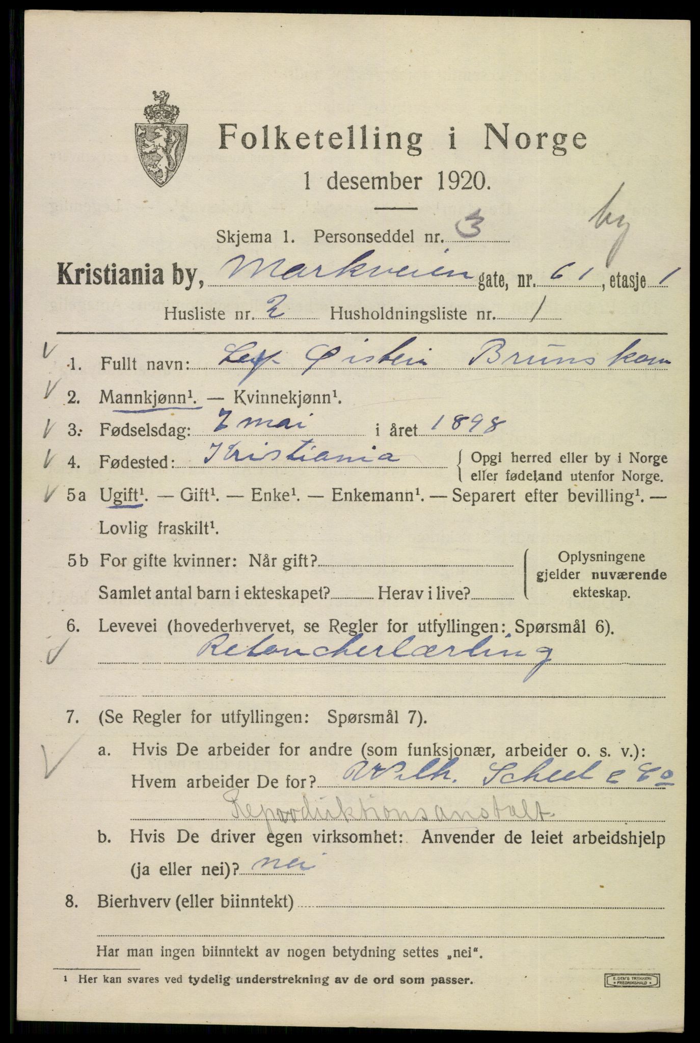 SAO, 1920 census for Kristiania, 1920, p. 391043