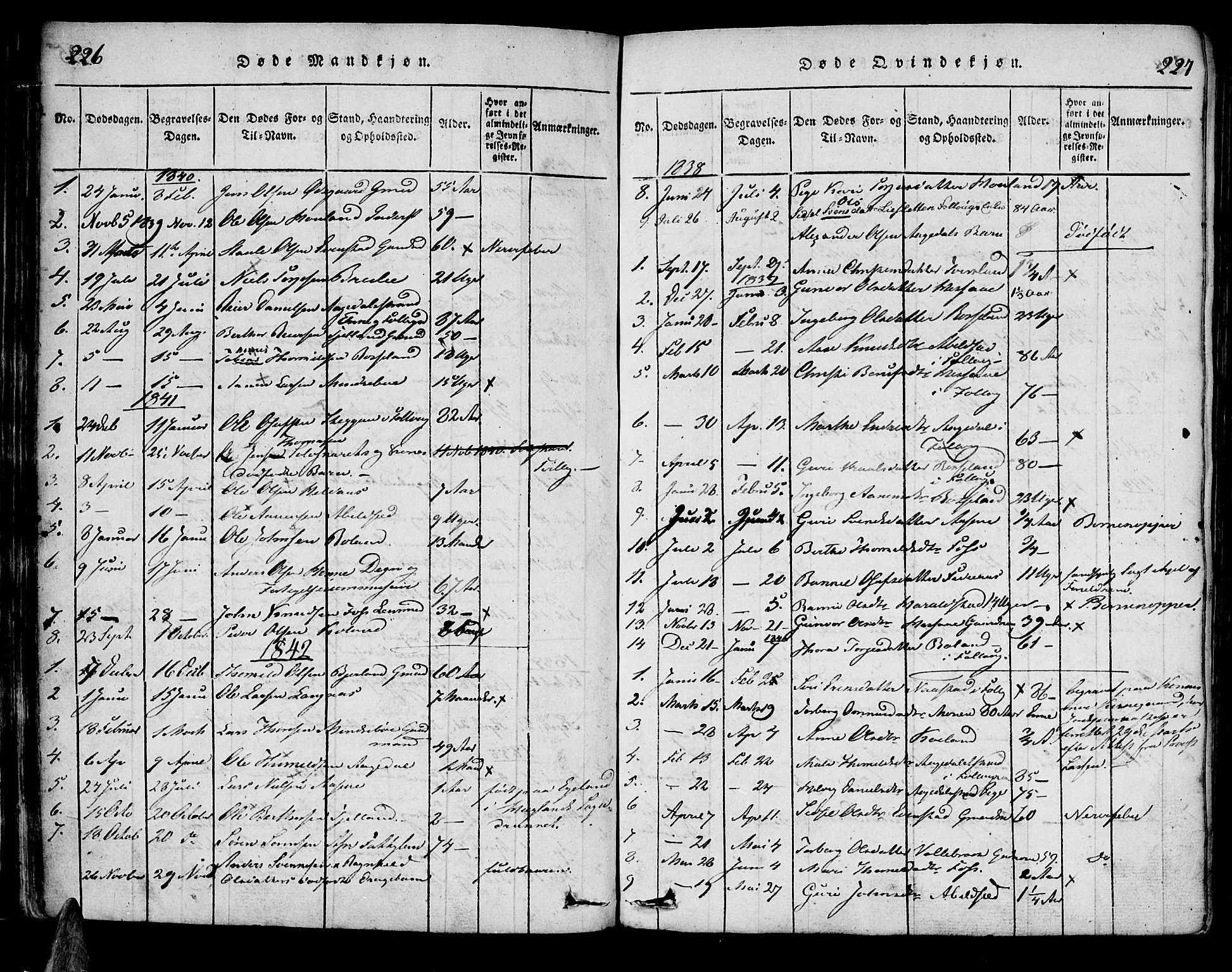 Bjelland sokneprestkontor, SAK/1111-0005/F/Fa/Faa/L0002: Parish register (official) no. A 2, 1816-1866, p. 226-227