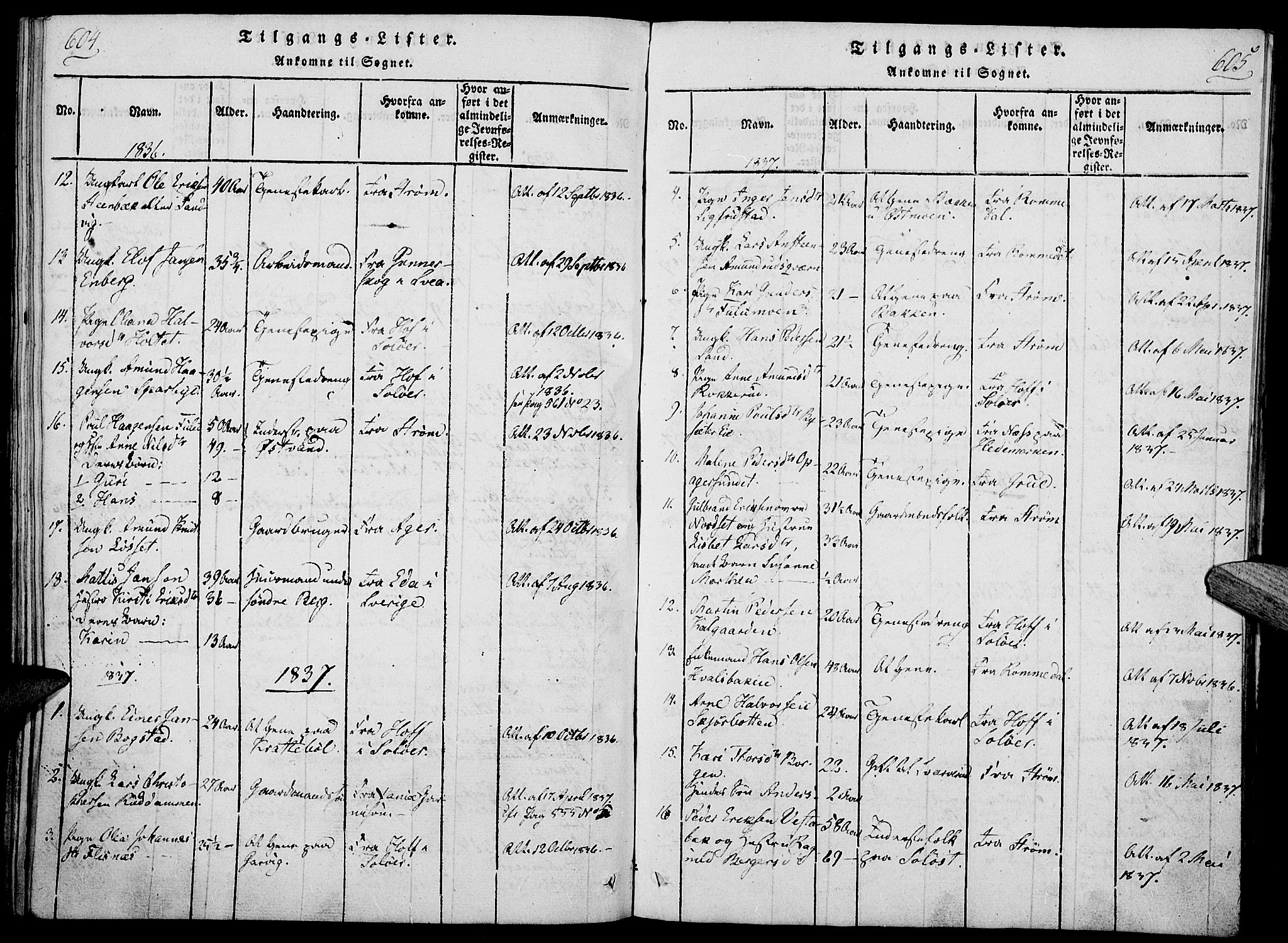 Nord-Odal prestekontor, AV/SAH-PREST-032/H/Ha/Haa/L0001: Parish register (official) no. 1, 1819-1838, p. 604-605