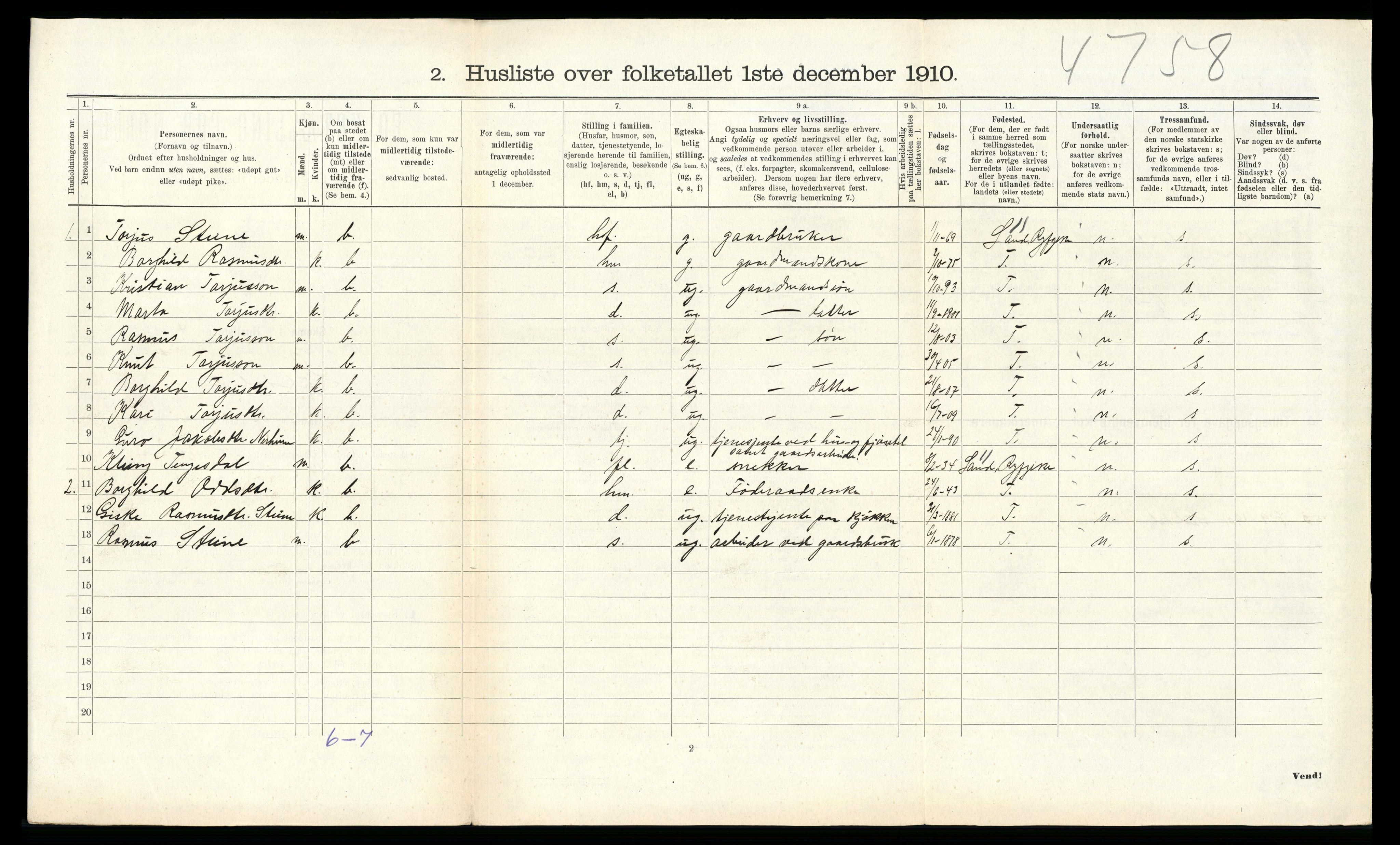 RA, 1910 census for Suldal, 1910, p. 202