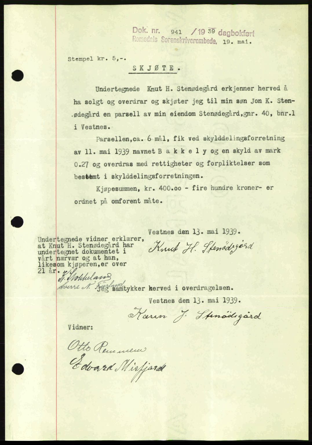 Romsdal sorenskriveri, AV/SAT-A-4149/1/2/2C: Mortgage book no. A6, 1938-1939, Diary no: : 941/1939