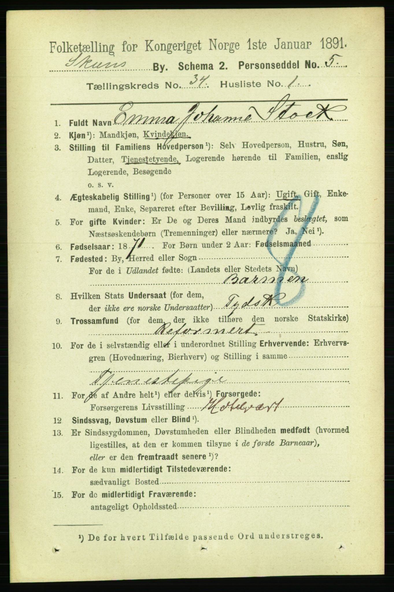 RA, 1891 census for 0806 Skien, 1891, p. 7712