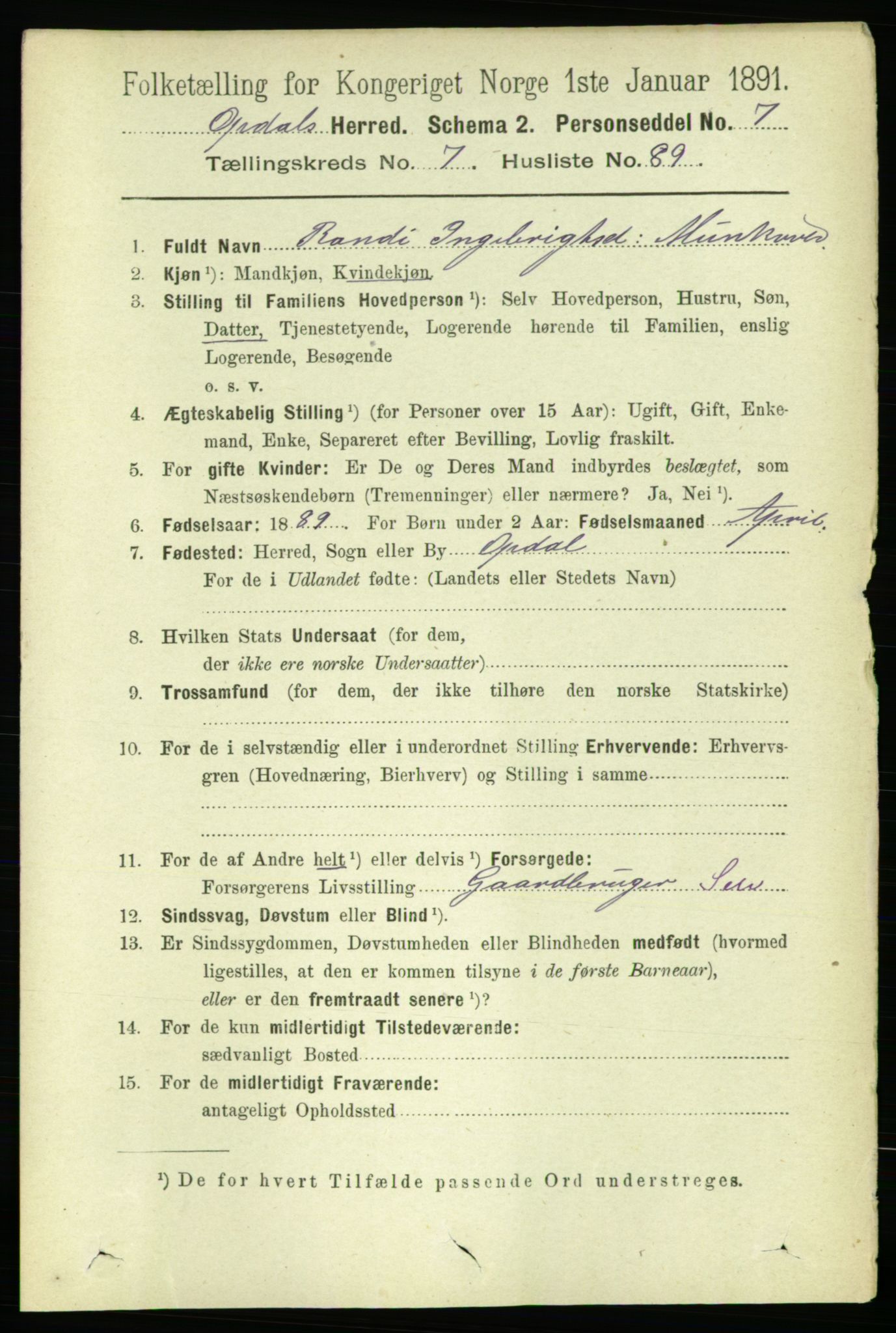 RA, 1891 census for 1634 Oppdal, 1891, p. 4036