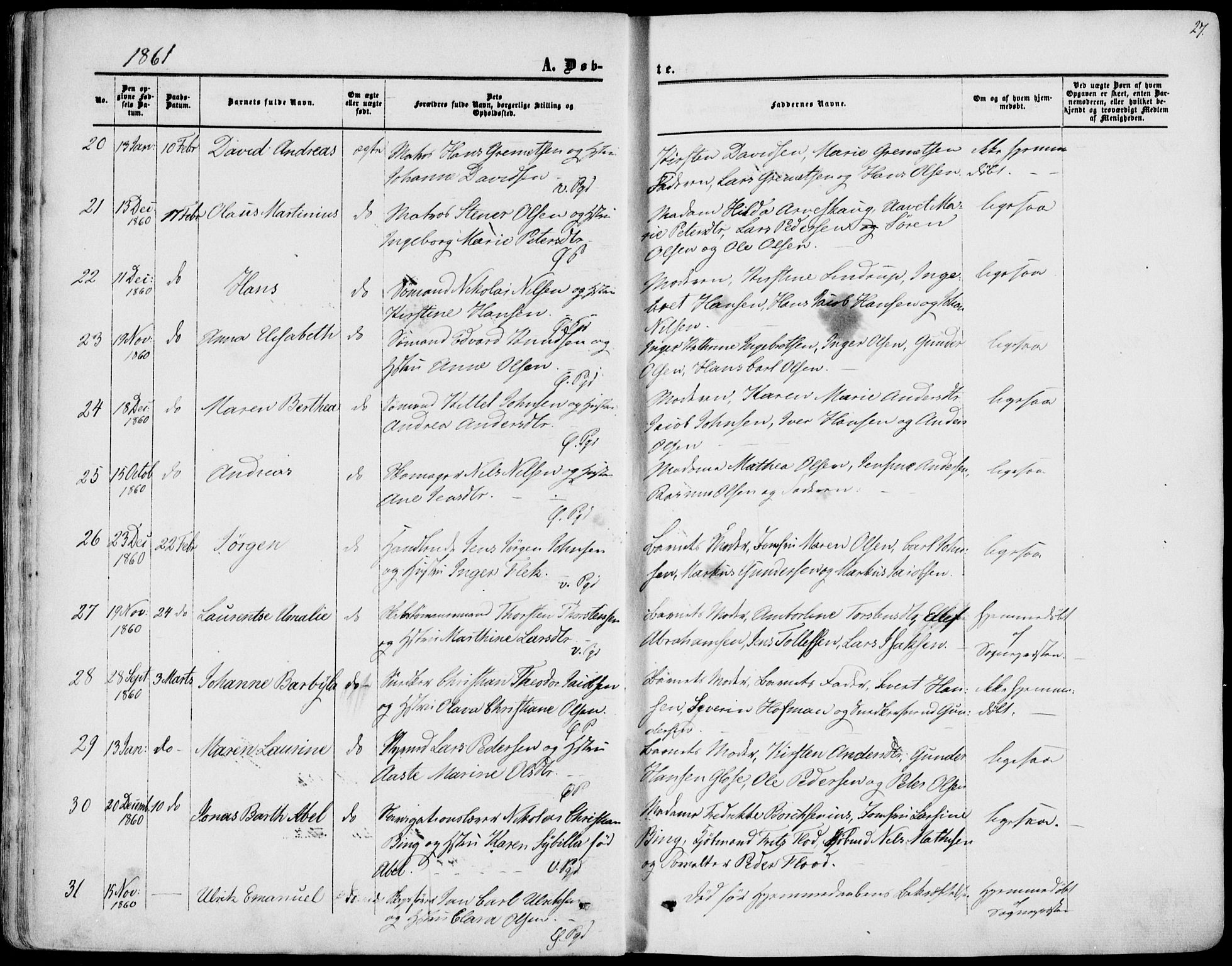 Porsgrunn kirkebøker , SAKO/A-104/F/Fa/L0007: Parish register (official) no. 7, 1858-1877, p. 27