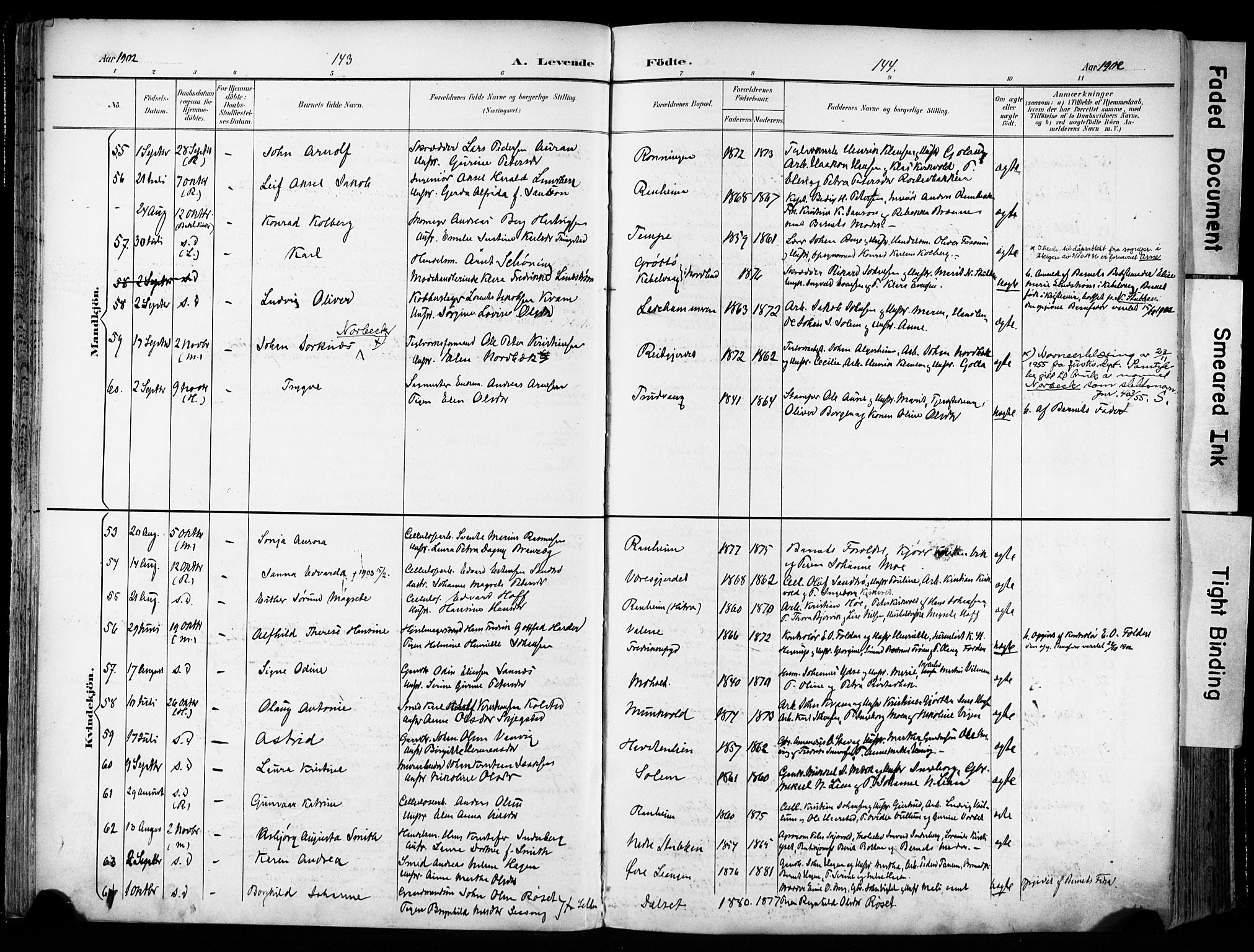 Ministerialprotokoller, klokkerbøker og fødselsregistre - Sør-Trøndelag, AV/SAT-A-1456/606/L0301: Parish register (official) no. 606A16, 1894-1907, p. 143-144
